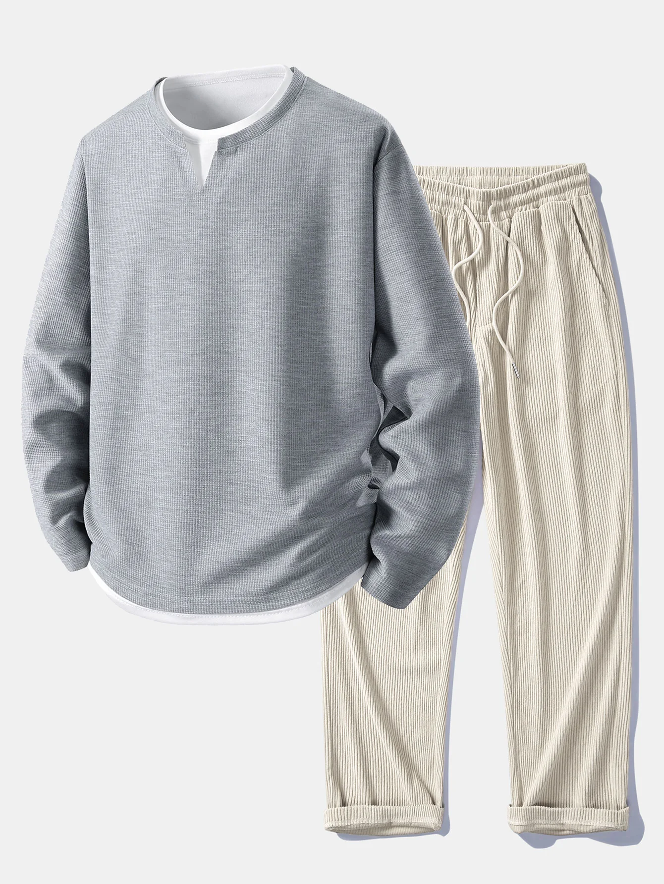 Relaxed Fit Langarm 2-in-1 Waffel T-Shirt & Gerade Cordhose - Image 3