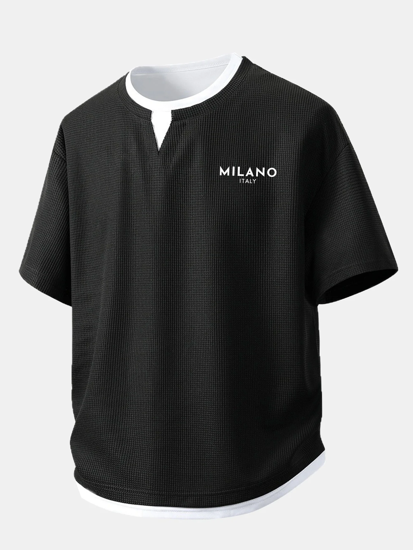Relax Fit Milano Print 2 In 1 Notched Collar Waffle T-Shirt - Image 3