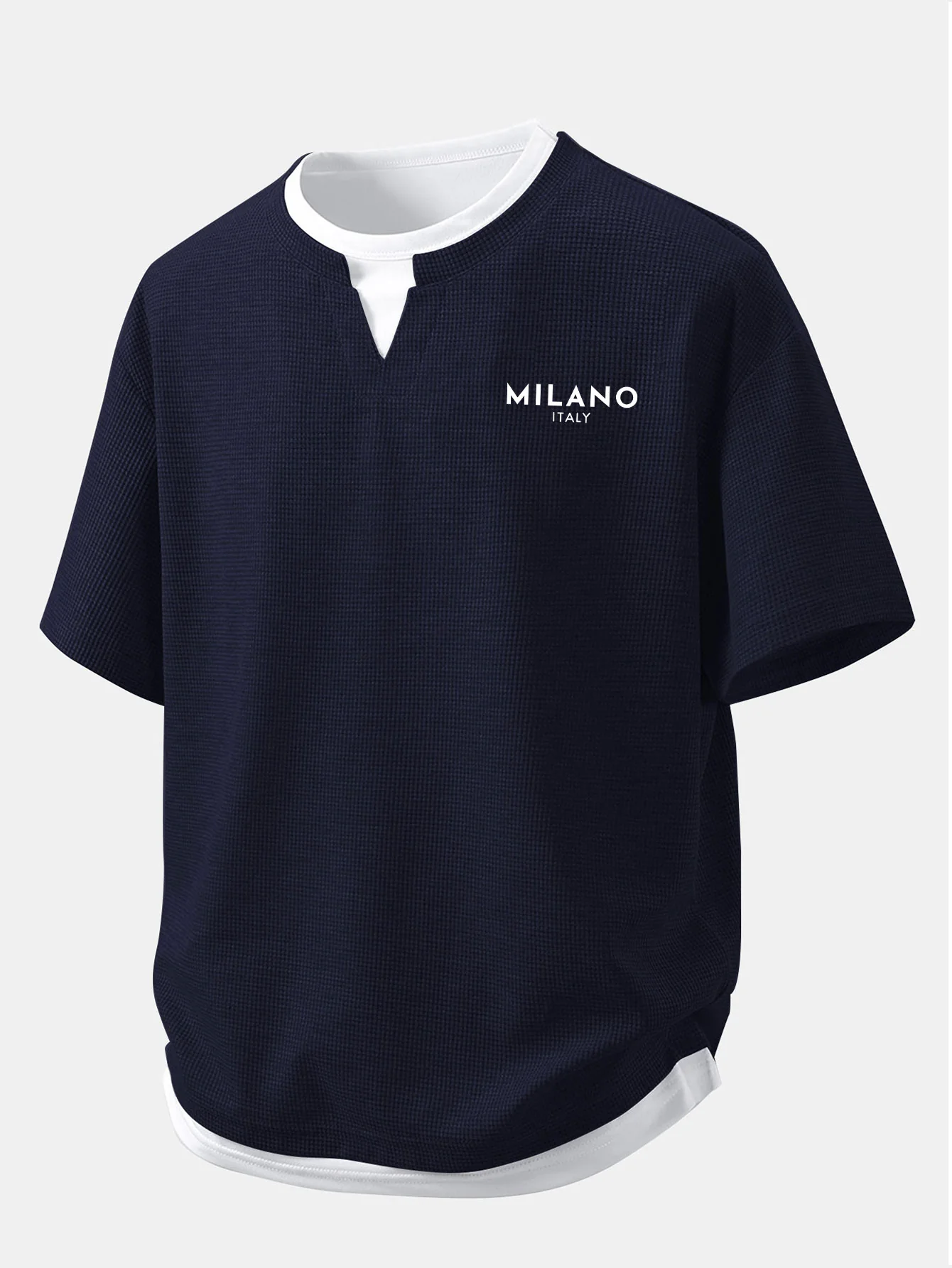 Relax Fit Milano Print 2 In 1 Notched Collar Waffle T-Shirt - Image 5