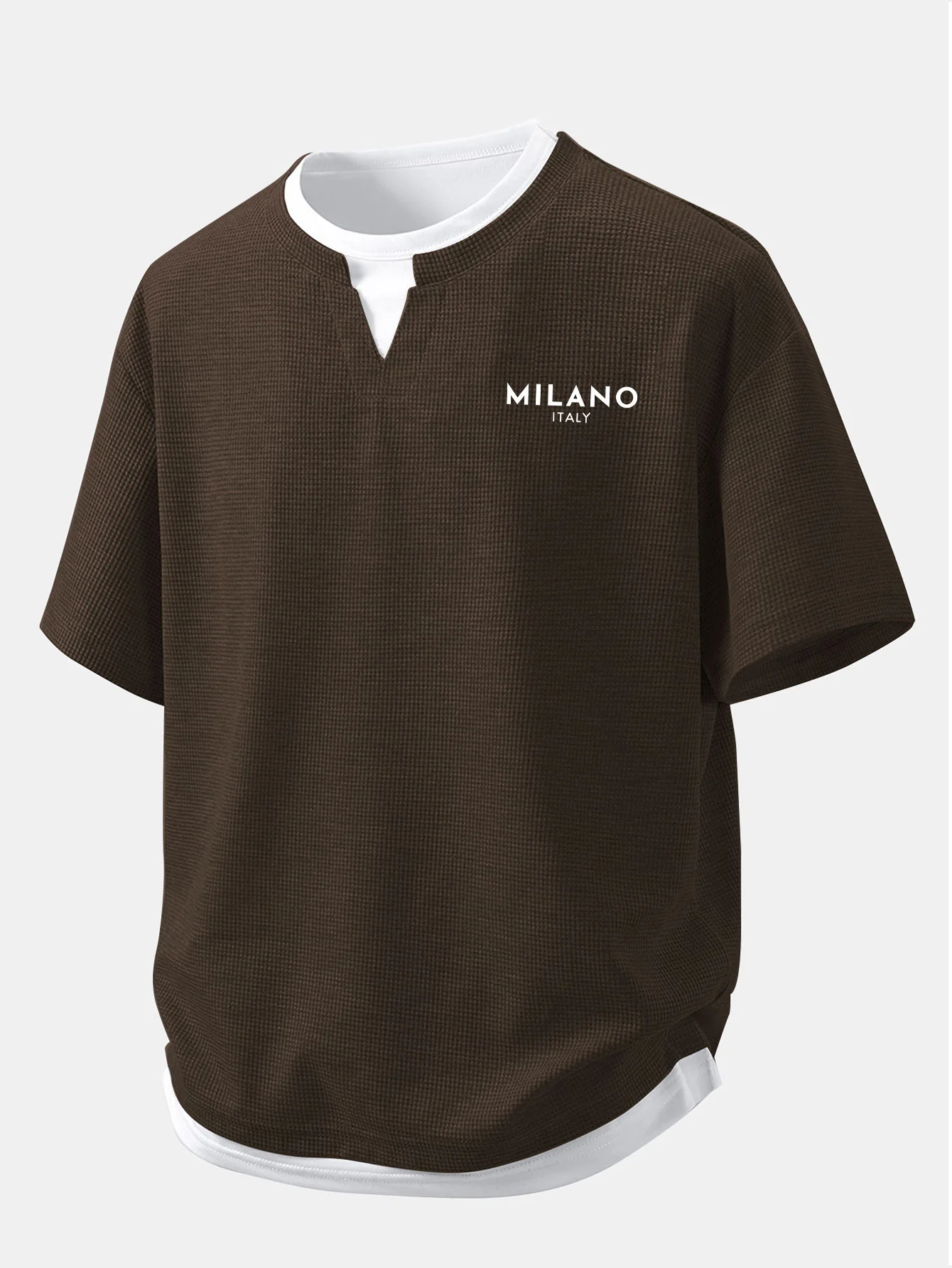 Relax Fit Milano Print 2 In 1 Notched Collar Waffle T-Shirt - Image 7