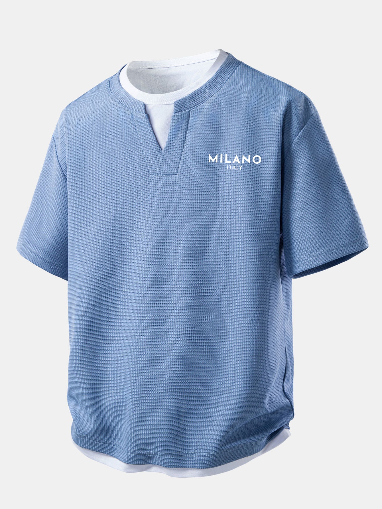 Relax Fit Milano Print 2 In 1 Notched Collar Waffle T-Shirt - Image 9