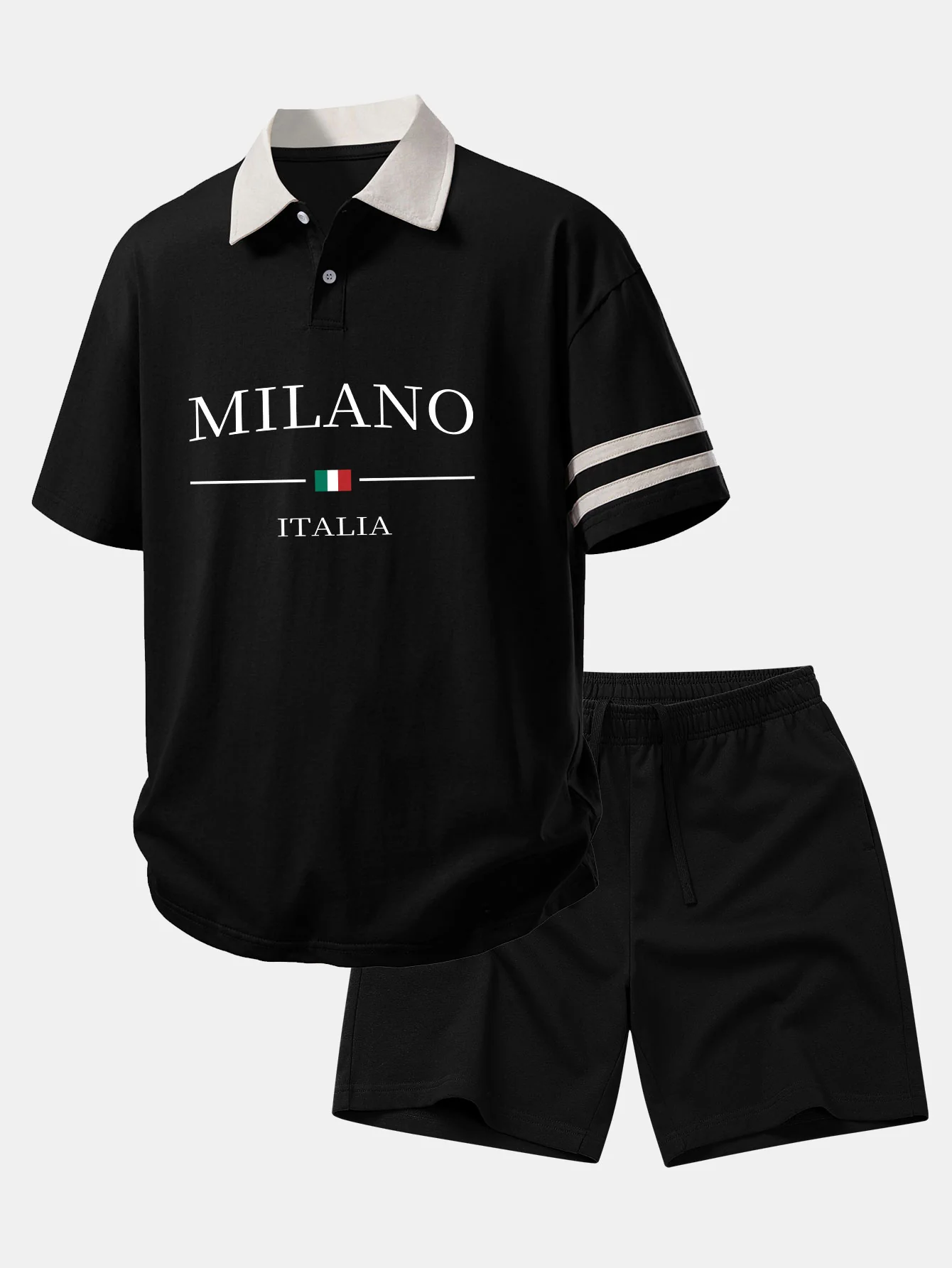 Relax Fit Milano Print Contrast Collar Polo Shirt & Cotton Drawstring 7" Shorts - Image 2