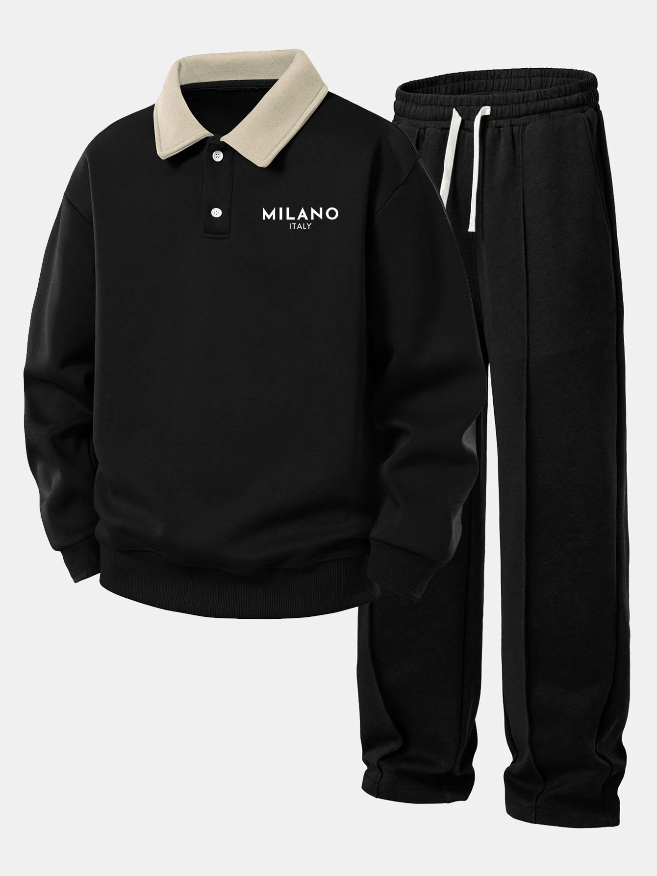 Relax Fit Milano Print Contrast Polo Sweatshirt & Straight Leg Pleated Pintuck Sweatpants - Image 2