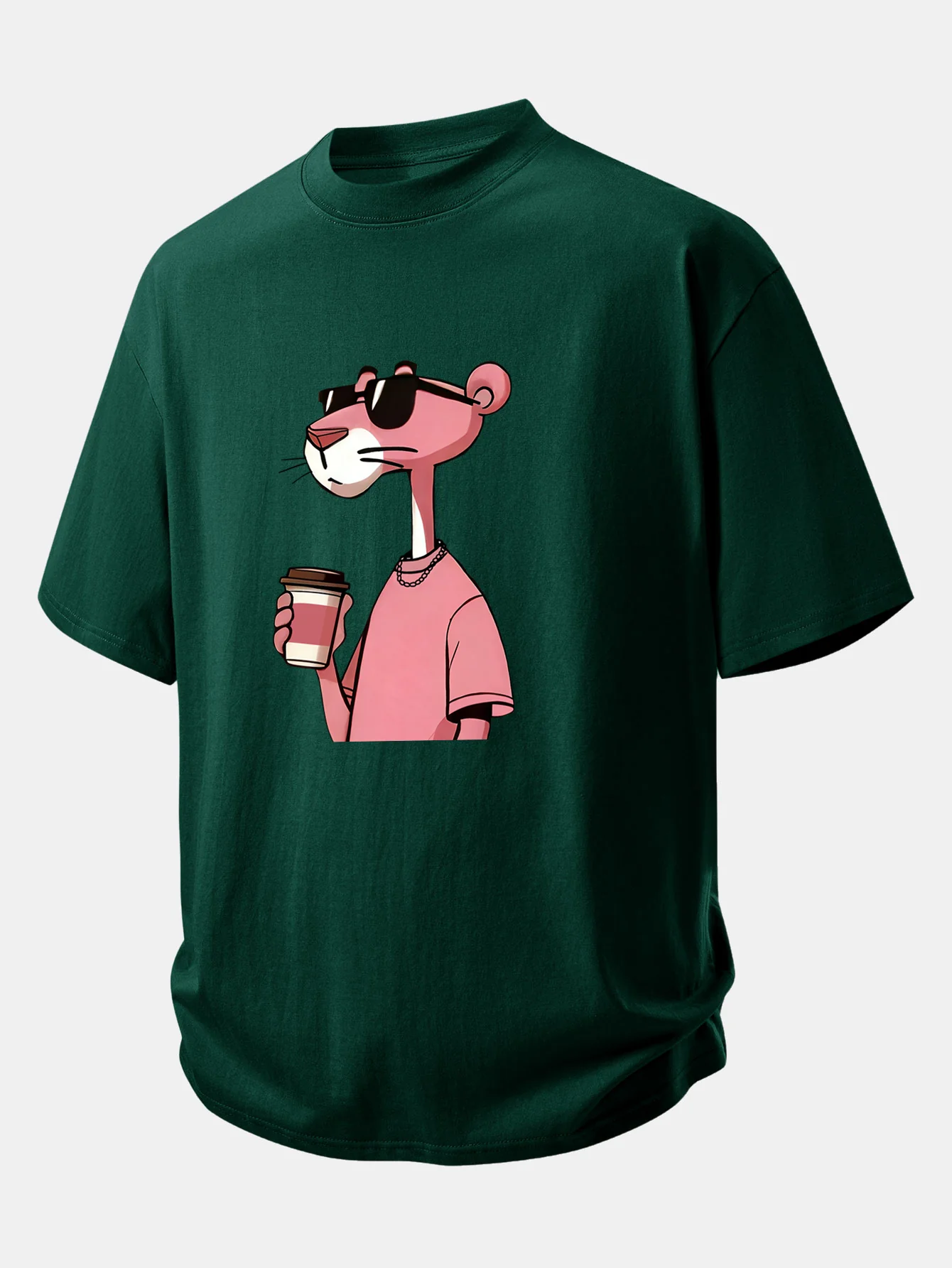 Relax Fit Pink Panther Drinking Coffee Print Cotton T-Shirt - Image 10