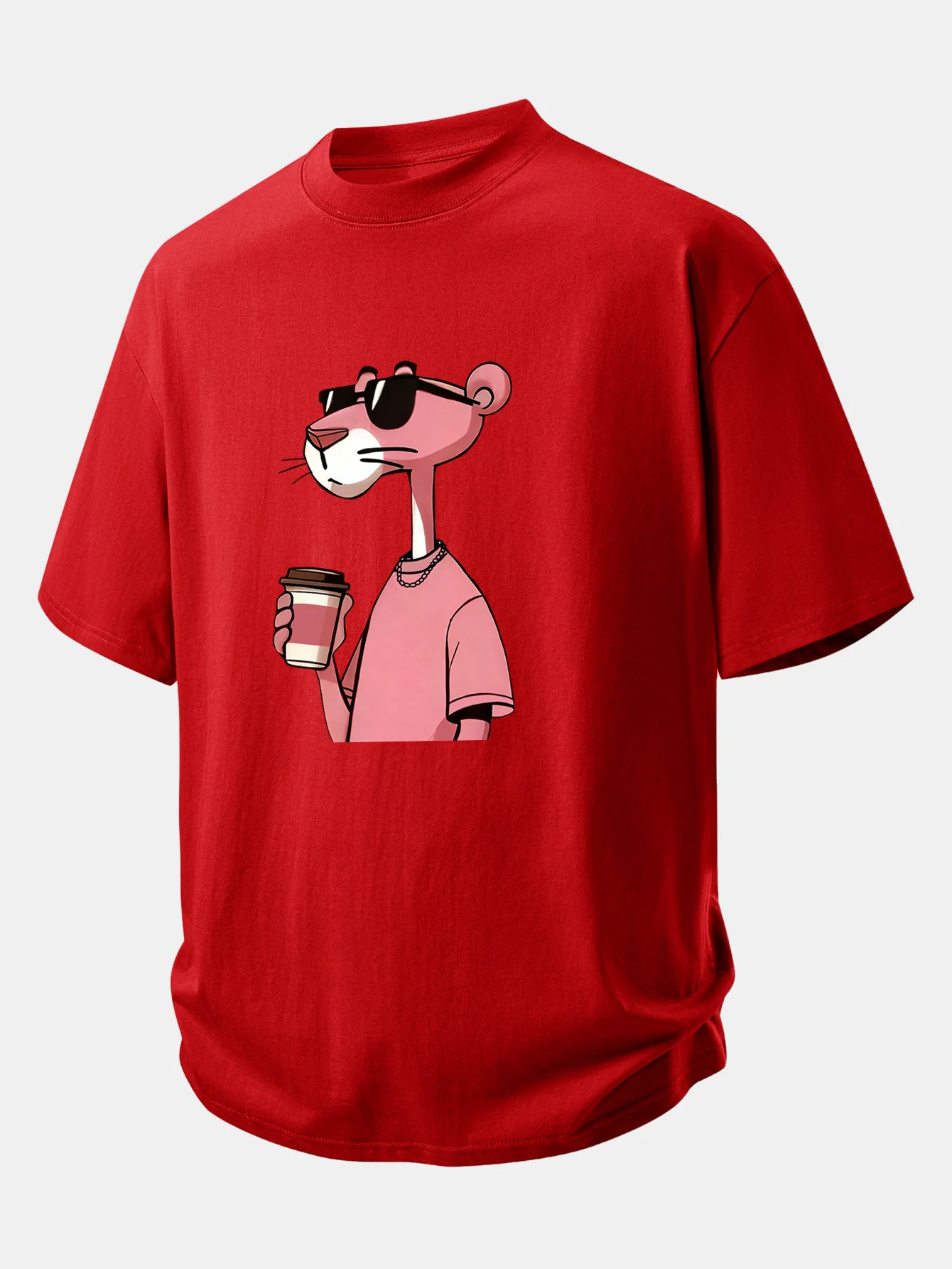 Relax Fit Pink Panther Drinking Coffee Print Cotton T-Shirt - Image 11