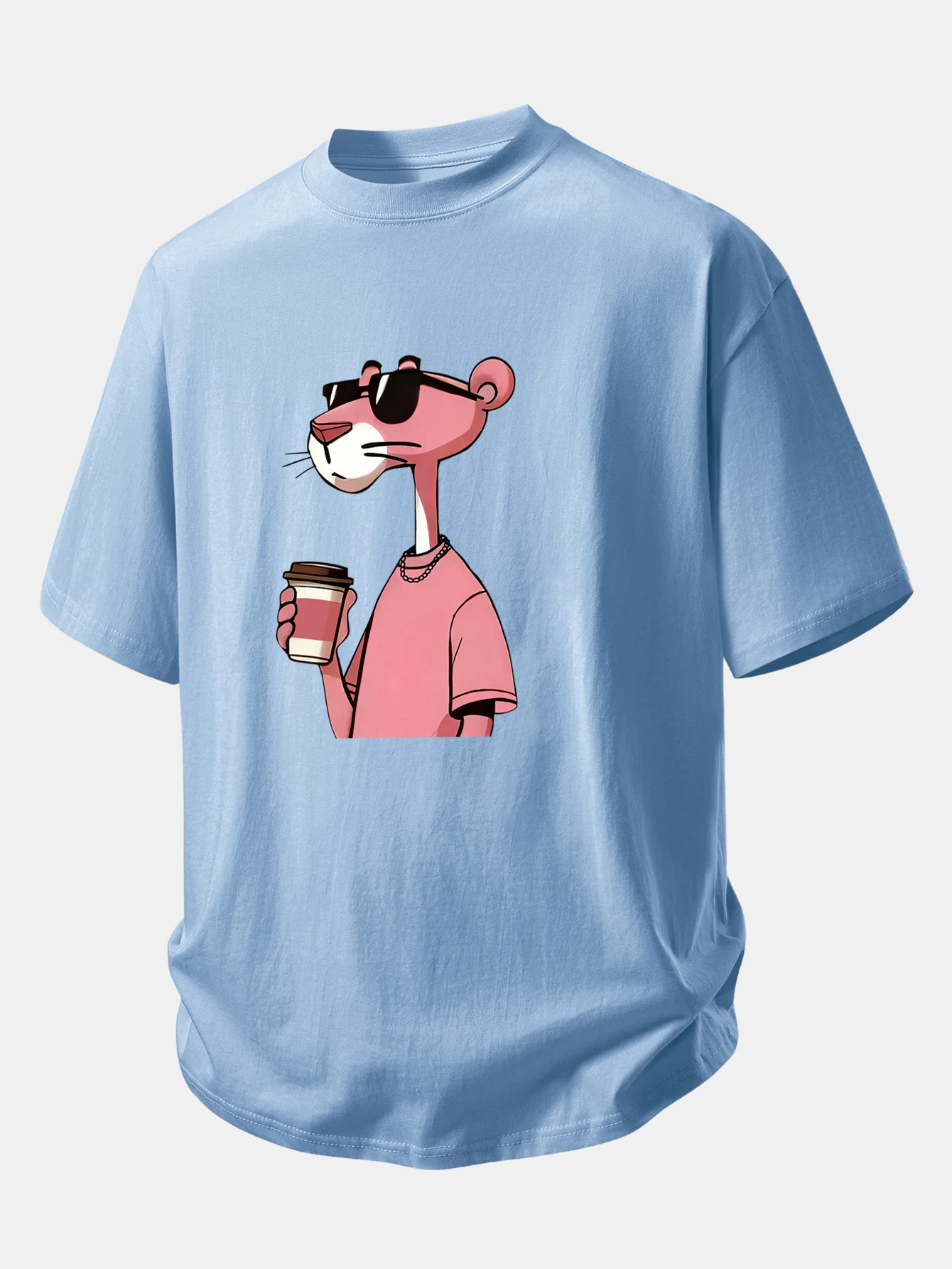 Relax Fit Pink Panther Drinking Coffee Print Cotton T-Shirt - Image 12