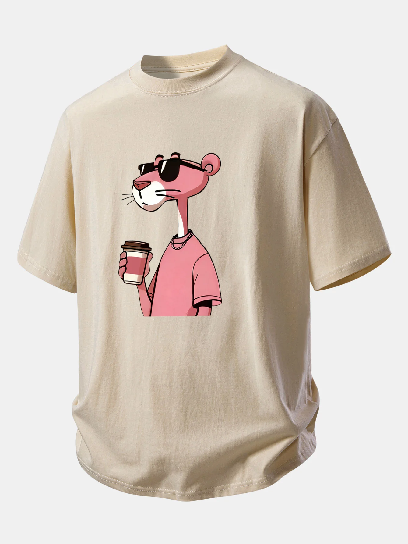 Relax Fit Pink Panther Drinking Coffee Print Cotton T-Shirt - Image 3