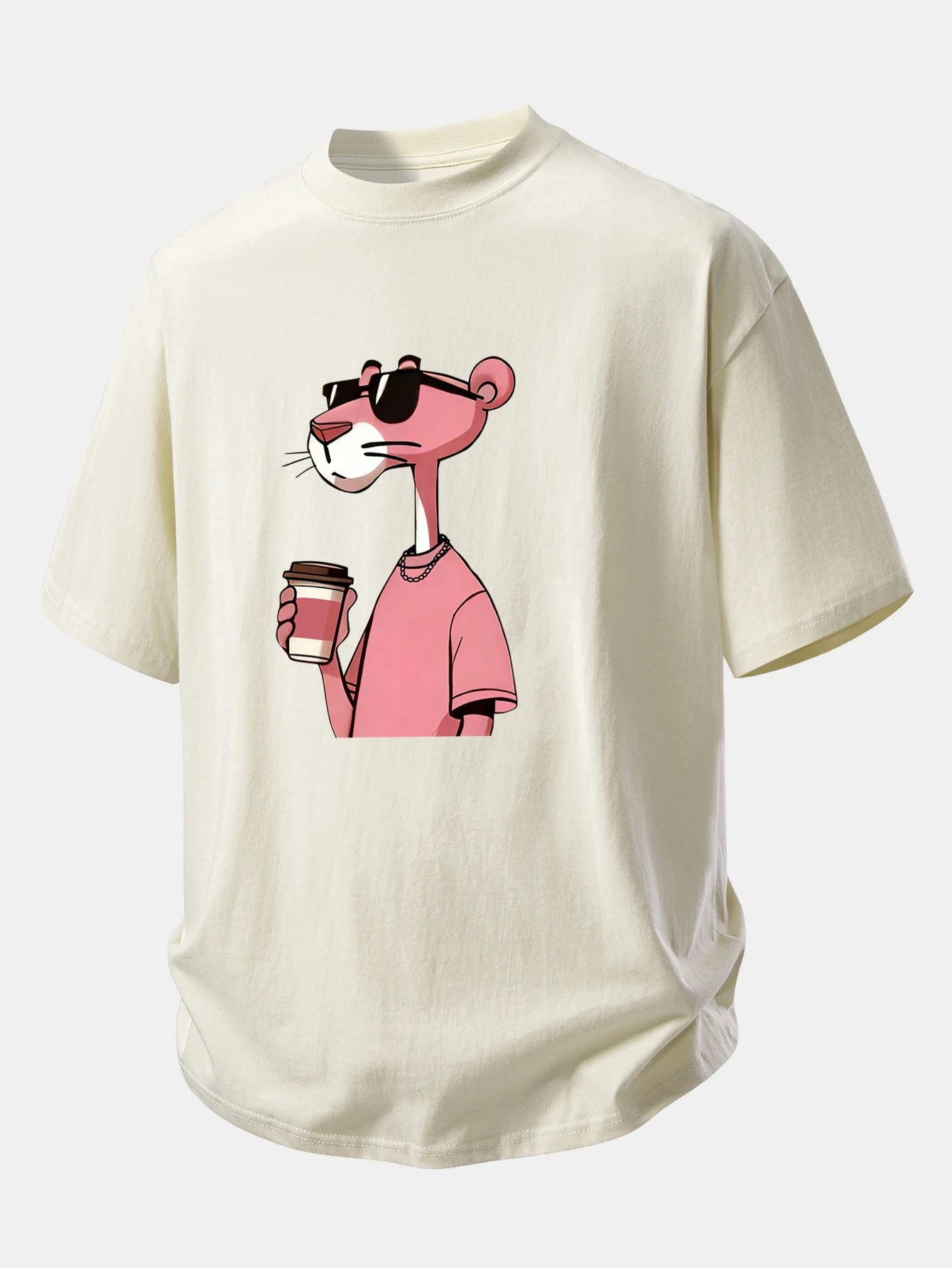 Relax Fit Pink Panther Drinking Coffee Print Cotton T-Shirt - Image 4
