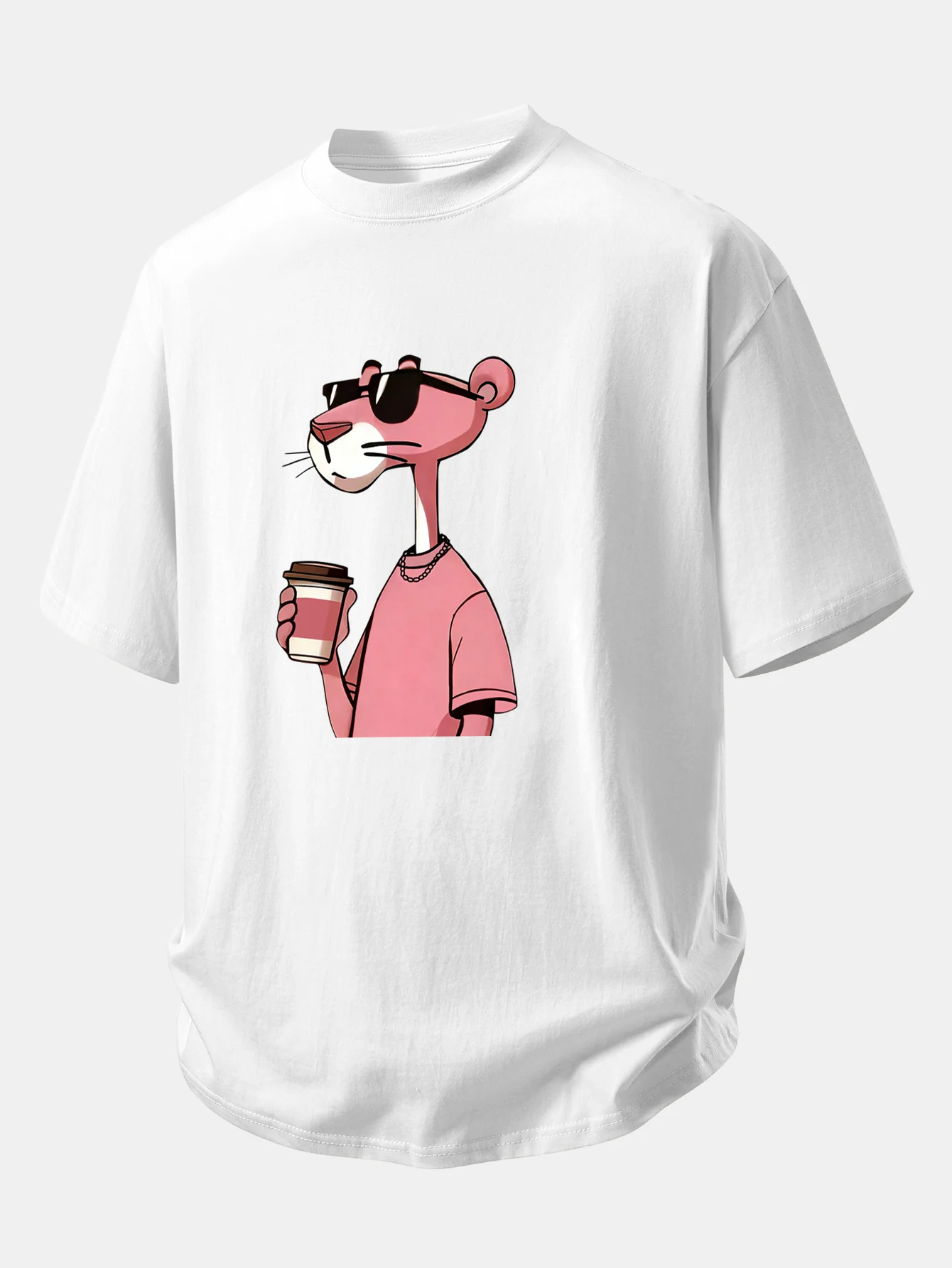 Relax Fit Pink Panther Drinking Coffee Print Cotton T-Shirt - Image 5