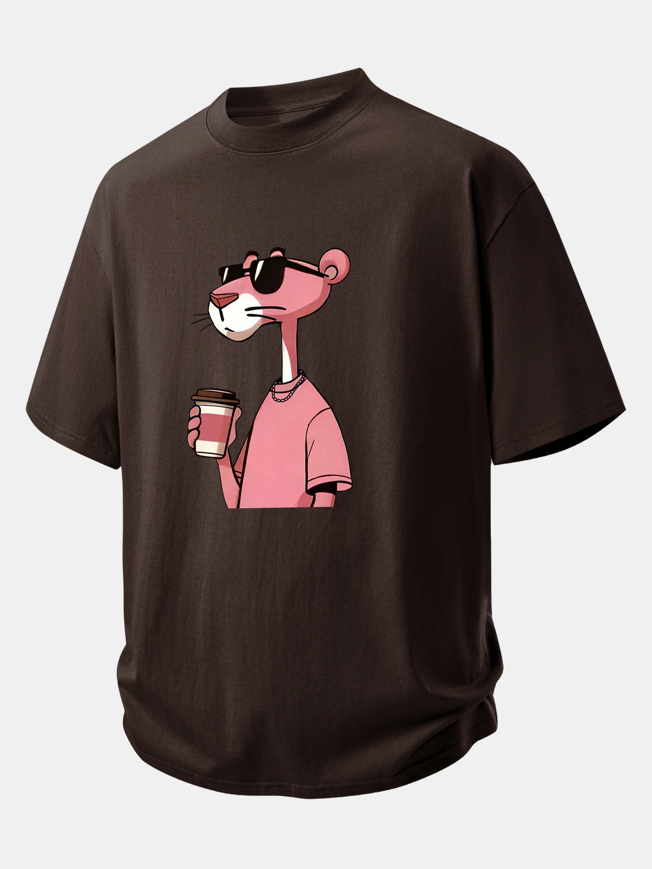 Relax Fit Pink Panther Drinking Coffee Print Cotton T-Shirt - Image 6