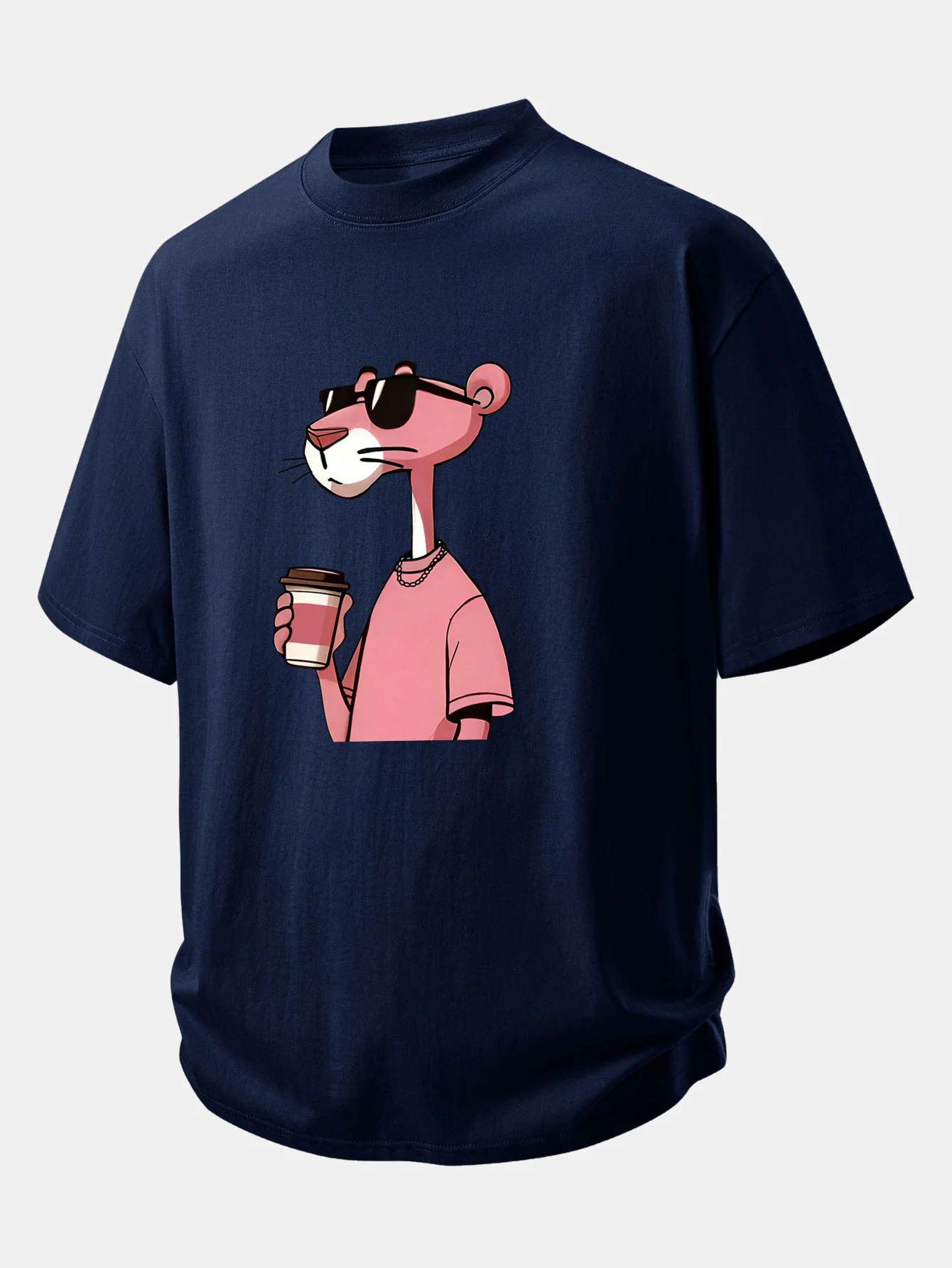 Relax Fit Pink Panther Drinking Coffee Print Cotton T-Shirt - Image 8