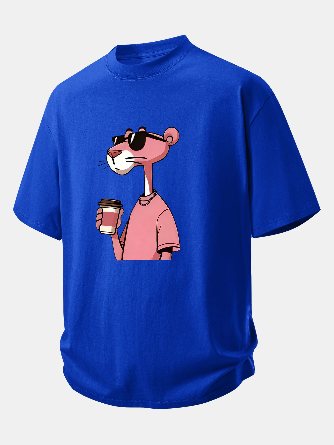 Relax Fit Pink Panther Drinking Coffee Print Cotton T-Shirt - Image 9
