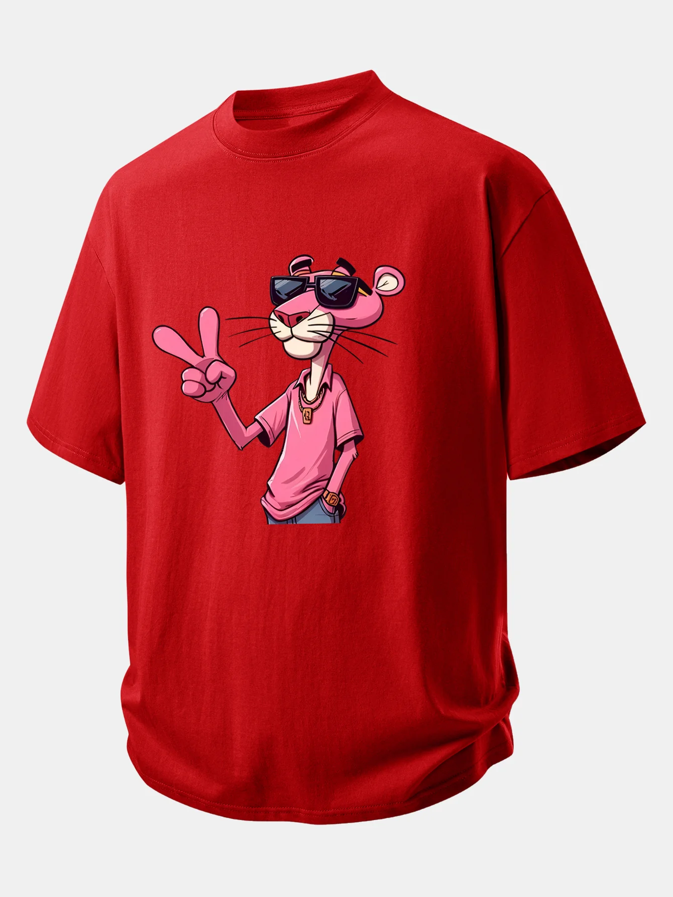 Relax Fit Pink Panther With V Sign Print Cotton T-Shirt - Image 10