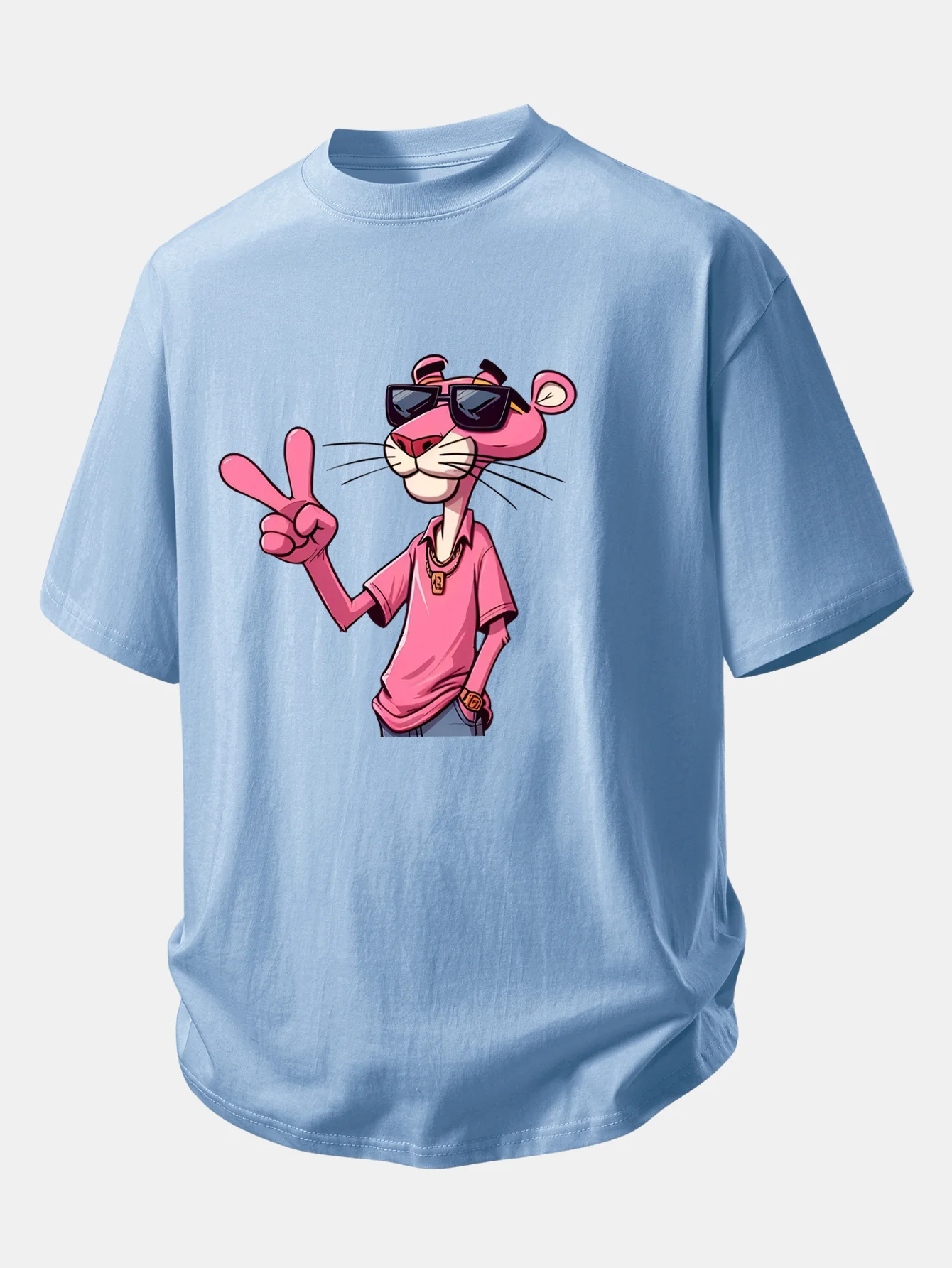 Relax Fit Pink Panther With V Sign Print Cotton T-Shirt - Image 11