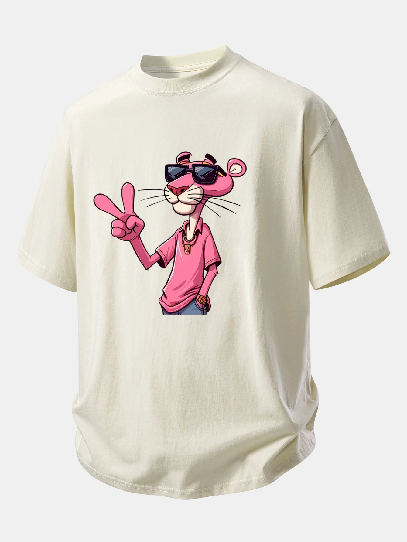 Relax Fit Pink Panther With V Sign Print Cotton T-Shirt - Image 12