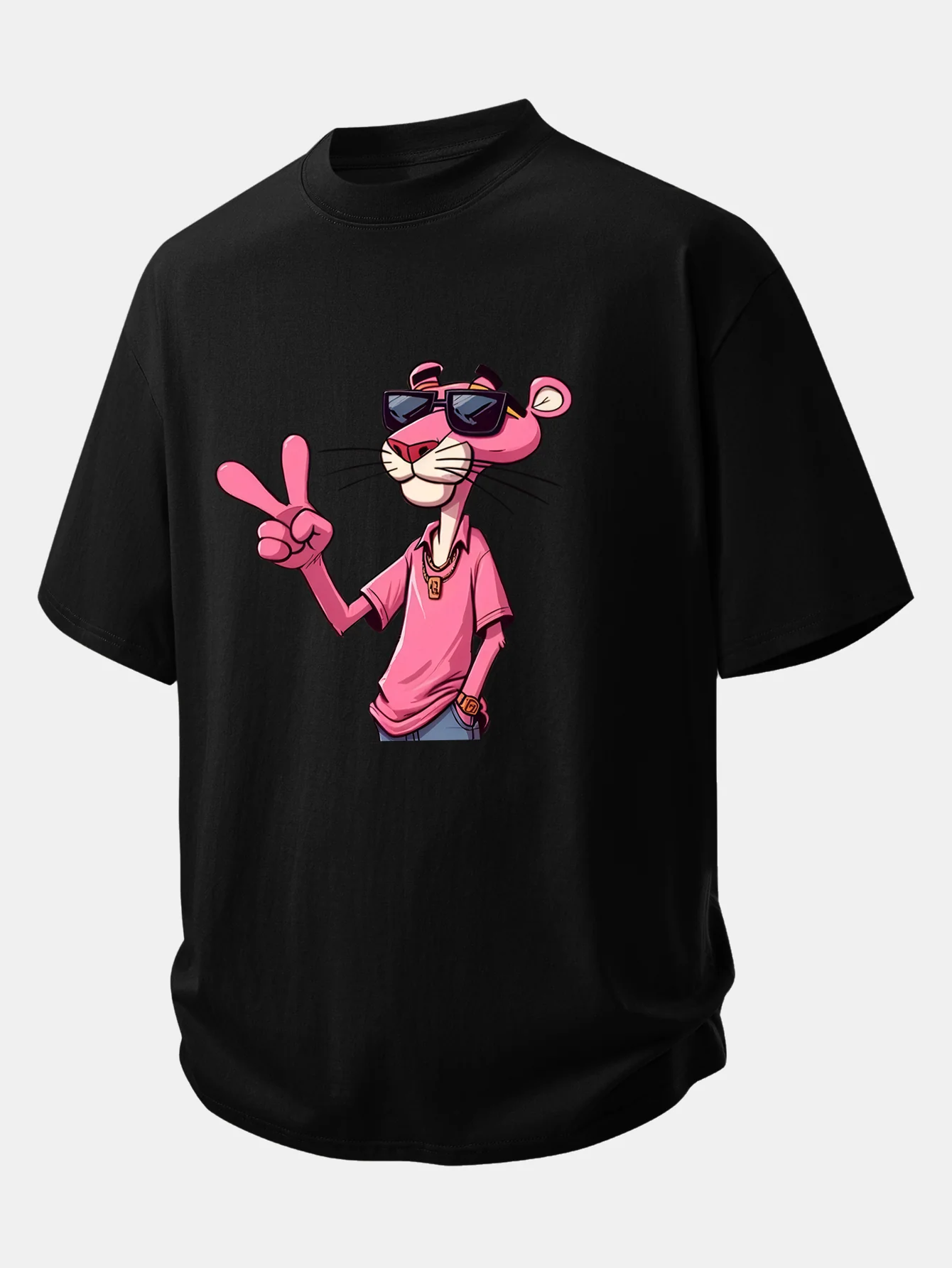 Relax Fit Pink Panther With V Sign Print Cotton T-Shirt - Image 2