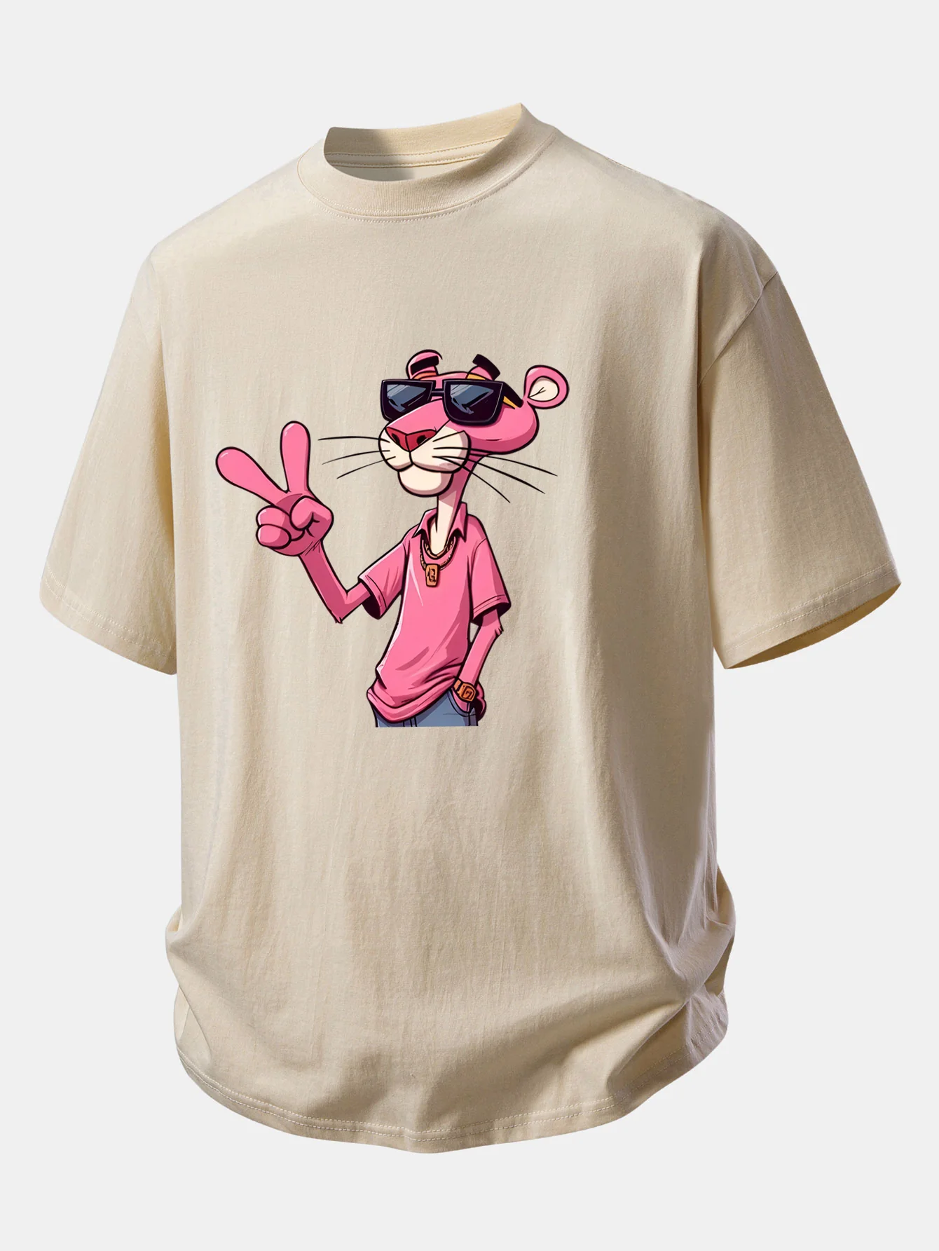 Relax Fit Pink Panther With V Sign Print Cotton T-Shirt - Image 3