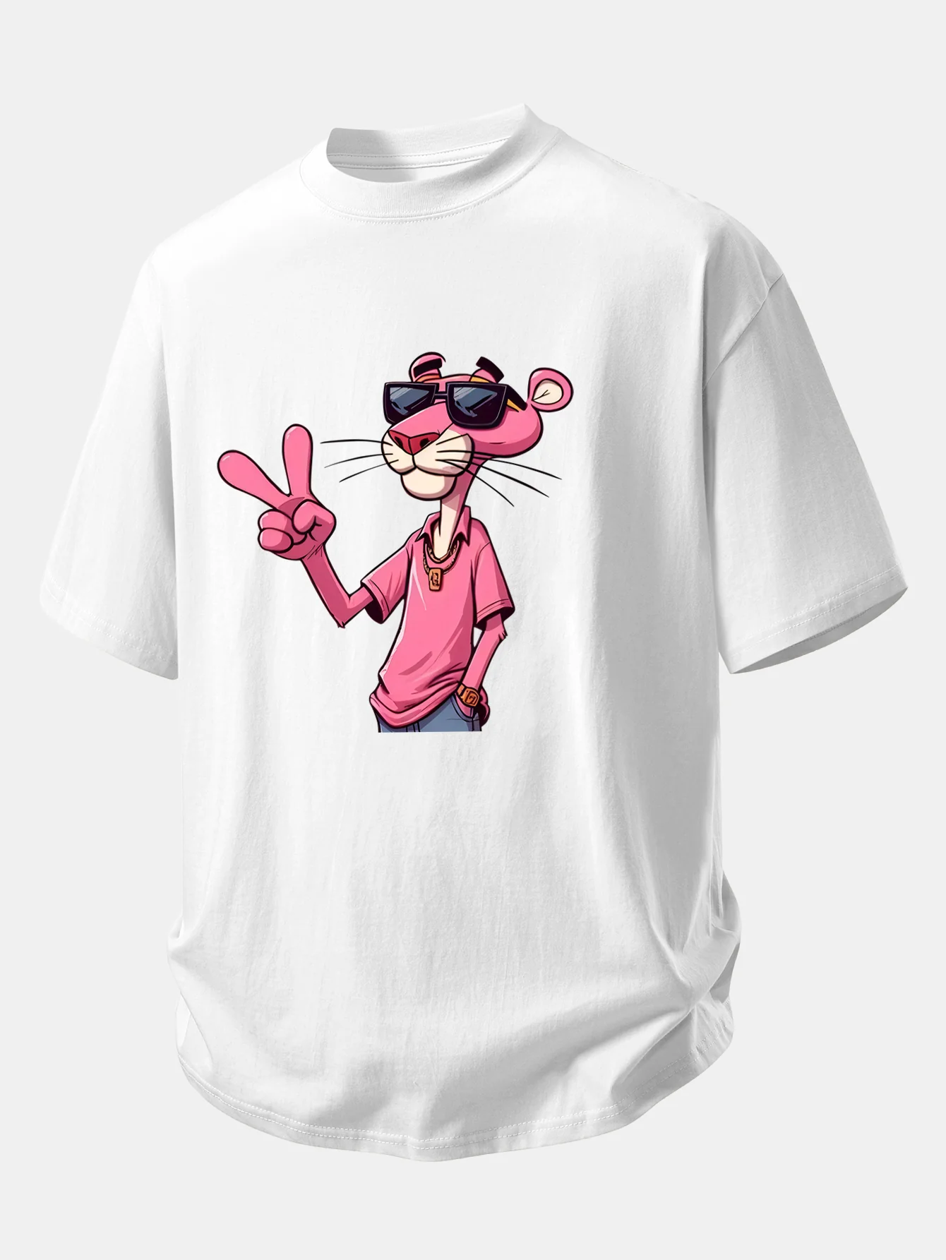 Relax Fit Pink Panther With V Sign Print Cotton T-Shirt - Image 4