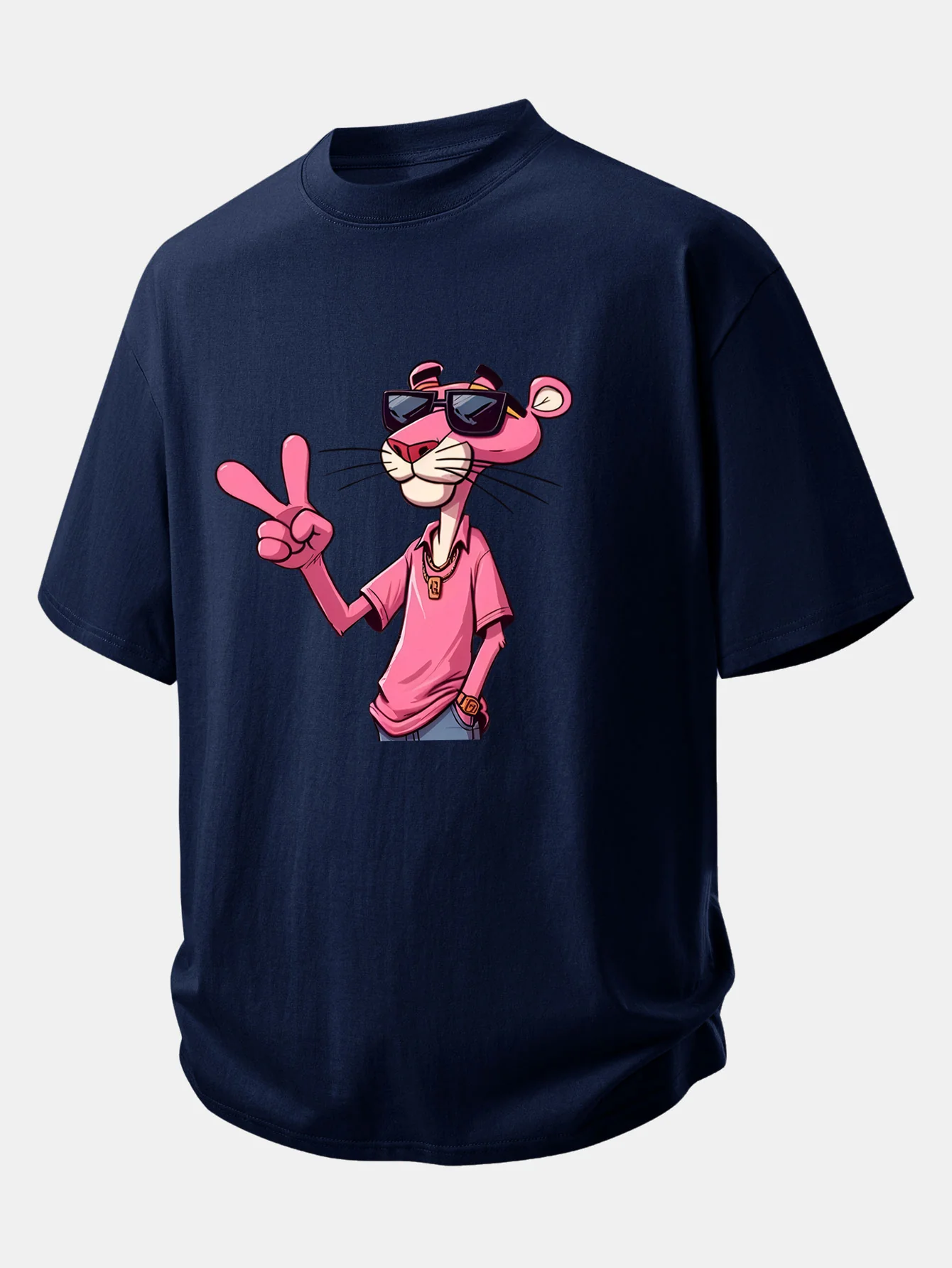Relax Fit Pink Panther With V Sign Print Cotton T-Shirt - Image 5