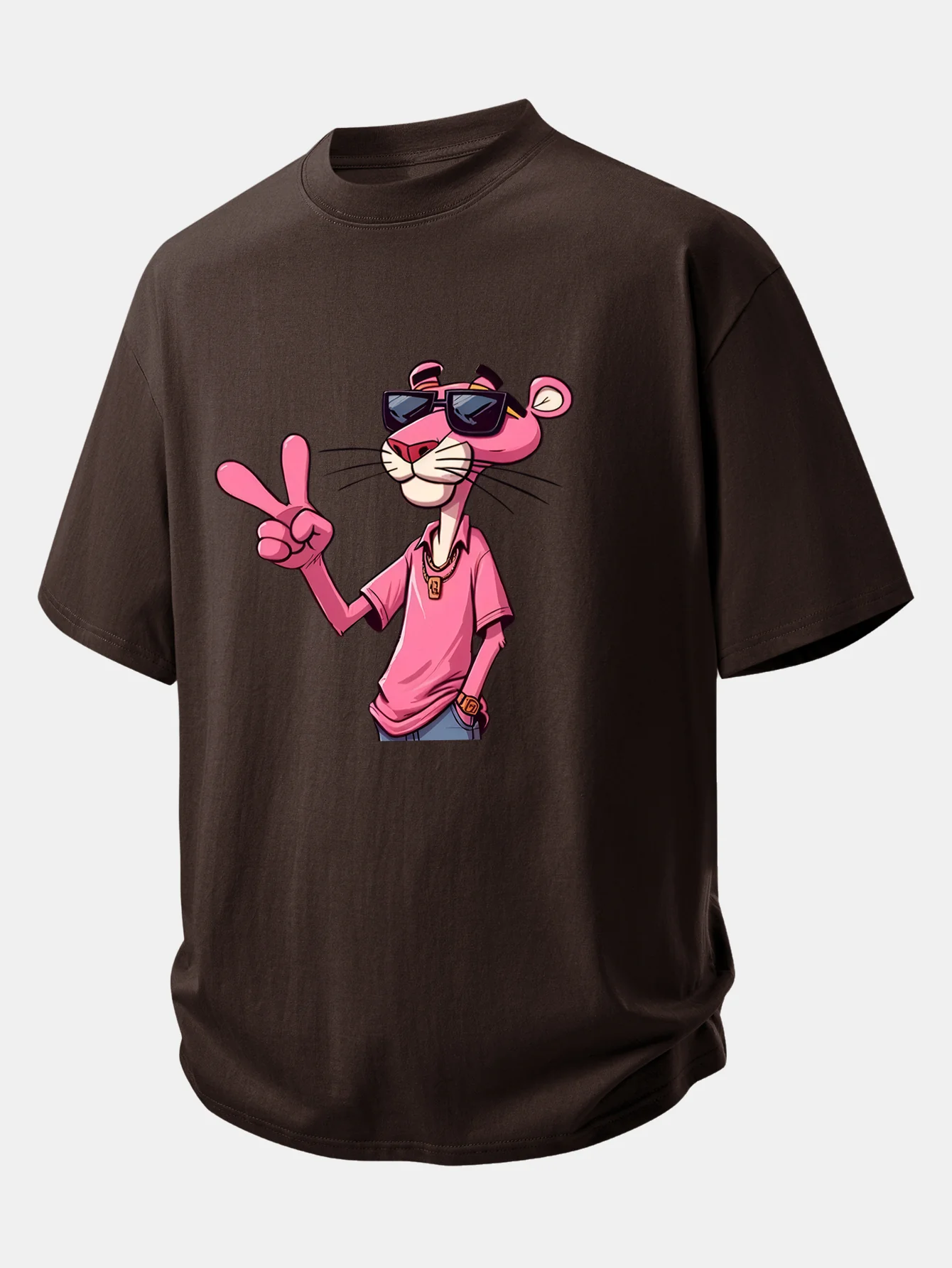Relax Fit Pink Panther With V Sign Print Cotton T-Shirt - Image 6