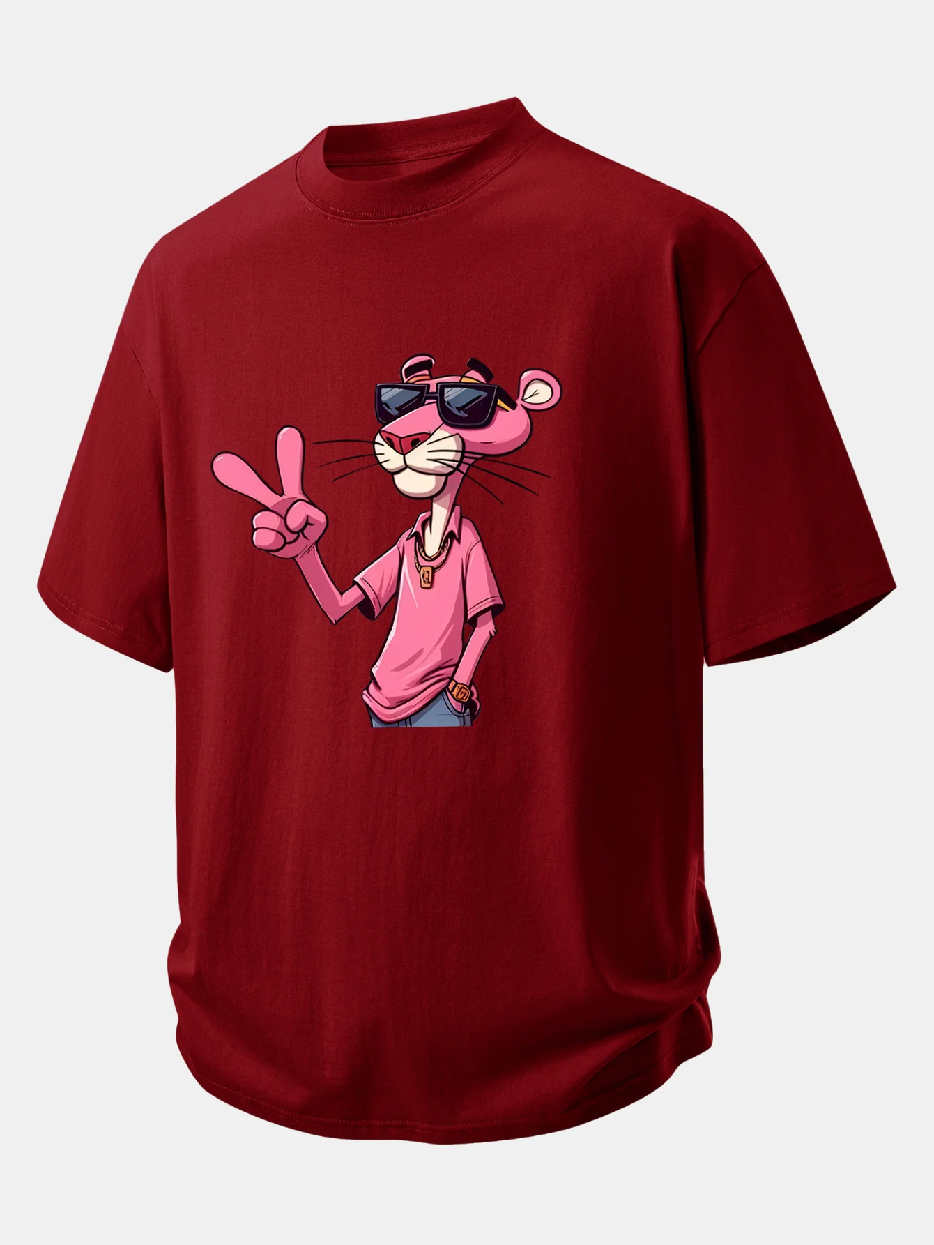 Relax Fit Pink Panther With V Sign Print Cotton T-Shirt - Image 7
