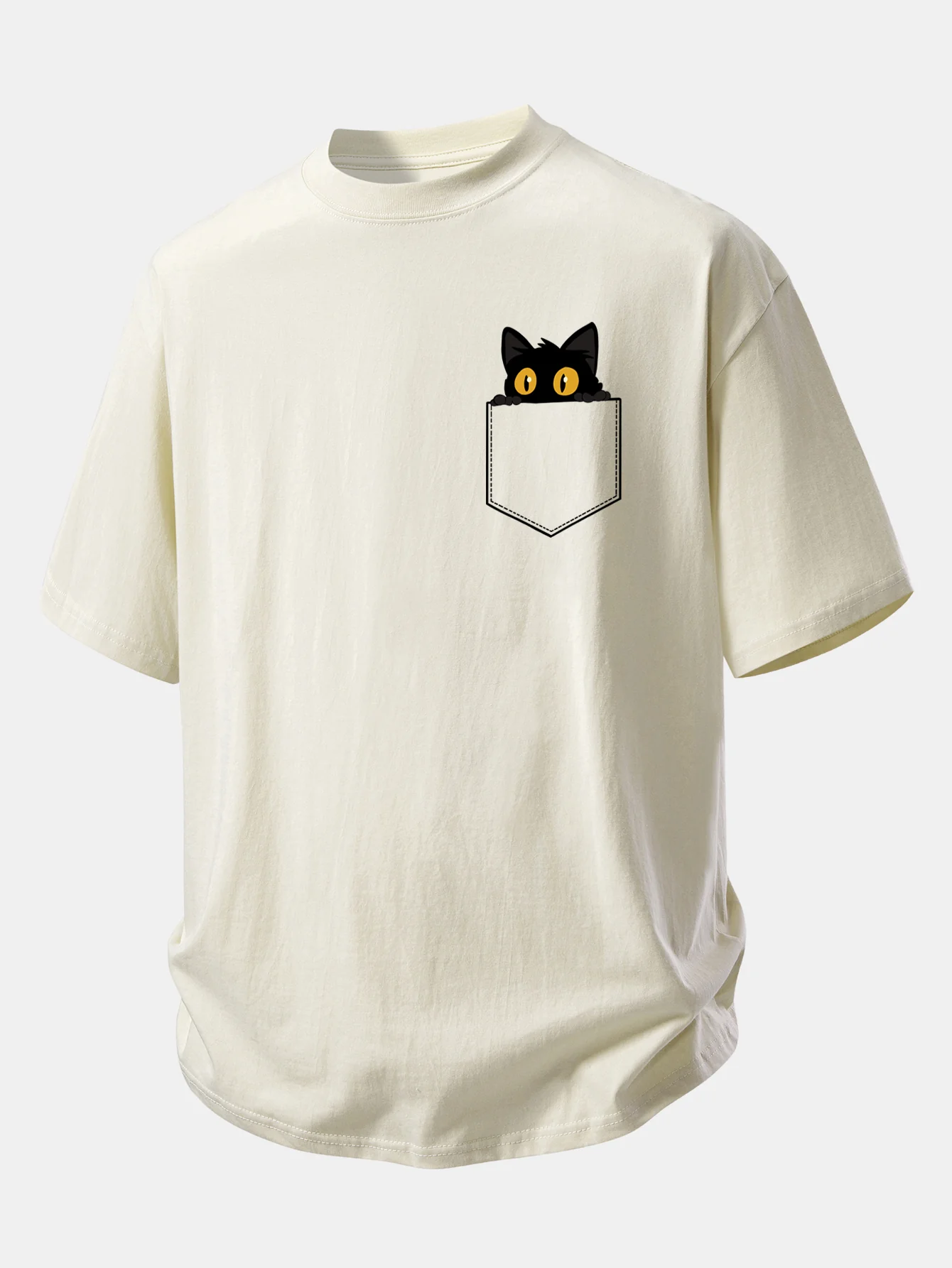 Relax Fit Pocket Black Cat Print Cotton T-Shirt - Image 3