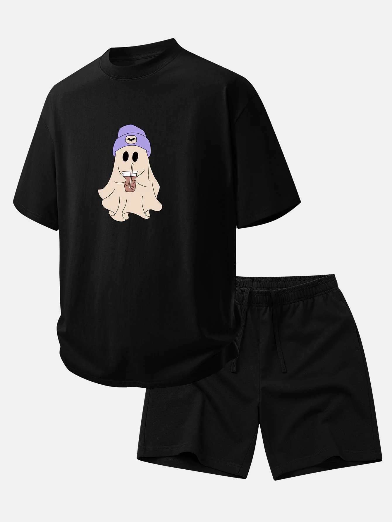 Relax Fit Purple Hat Ghost Print Cotton T-Shirt & Cotton Drawstring 7" Shorts - Image 2