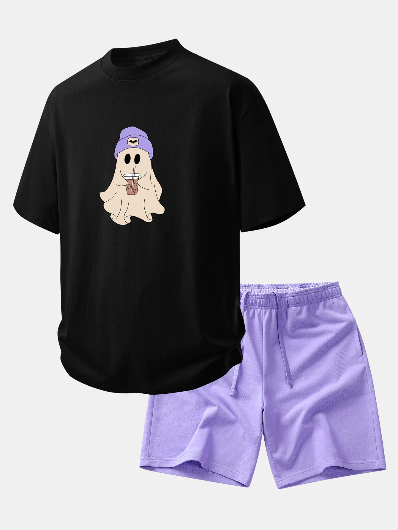 Relax Fit Purple Hat Ghost Print Cotton T-Shirt & Cotton Drawstring 7" Shorts - Image 3