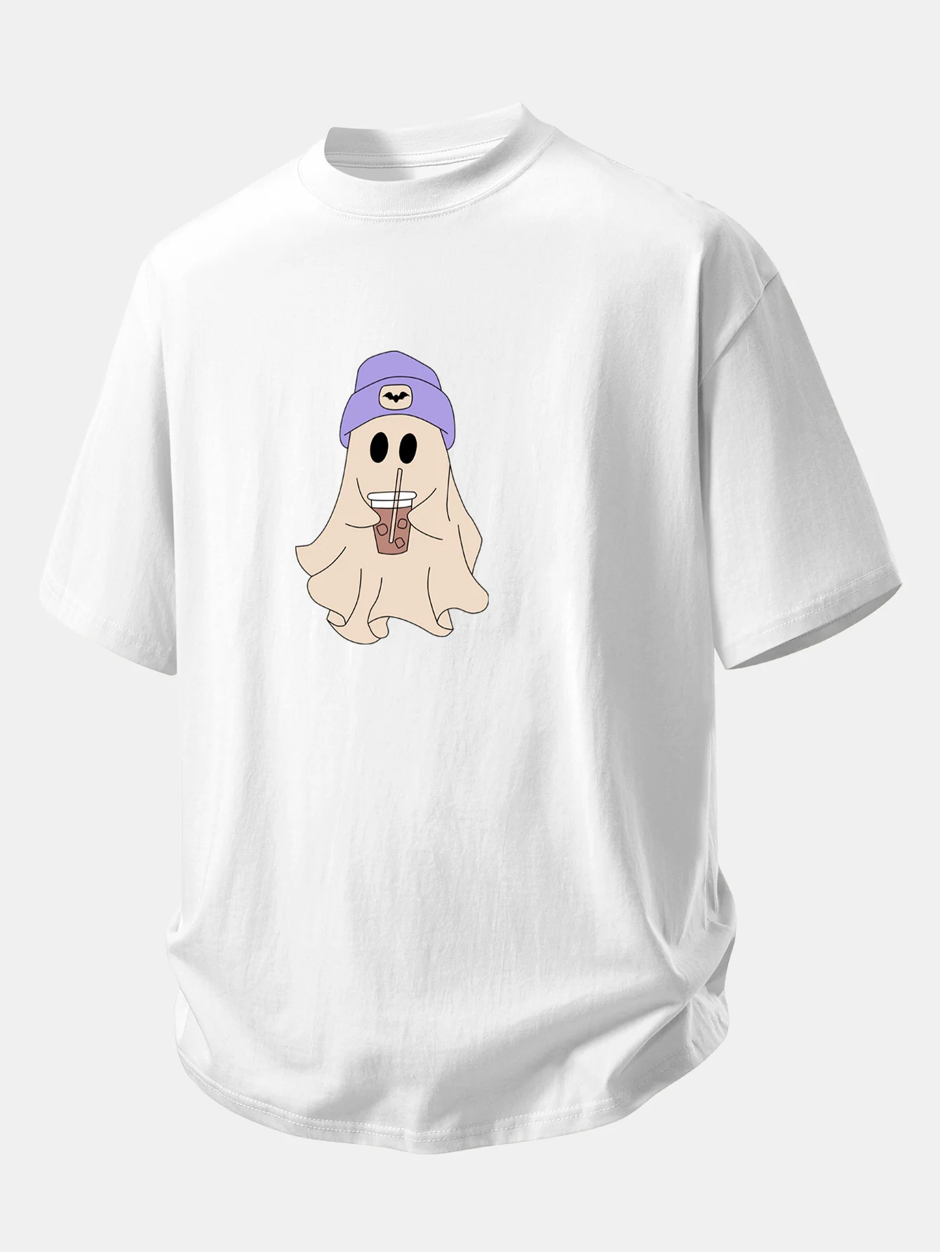 Relax Fit Purple Hat Ghost Print Cotton T-Shirt & Cotton Drawstring 7" Shorts - Image 4