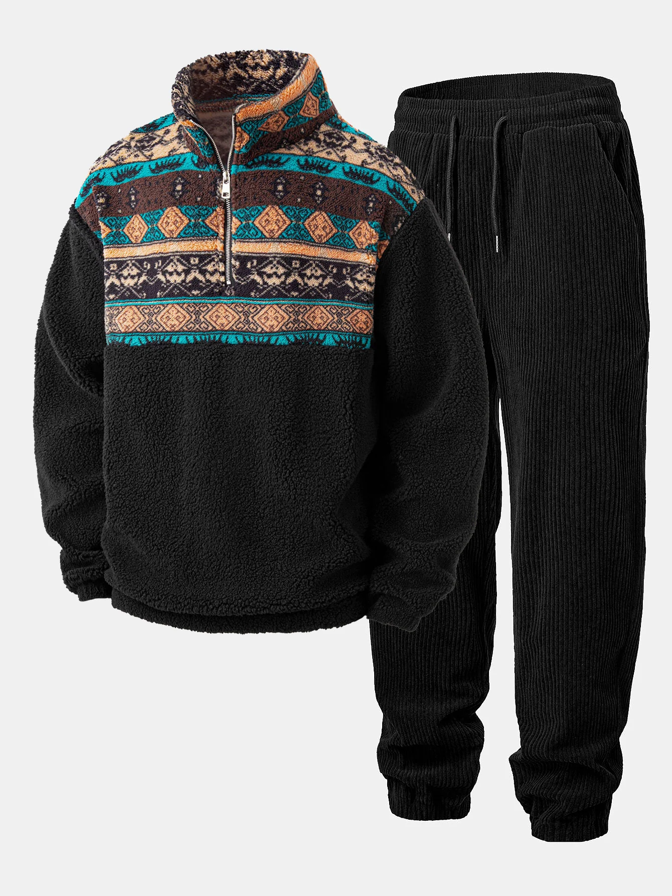 Relax Fit Quarter Zip Ethnic Geometric Patchwork Teddy Sweatshirt & Corduroy Jogger Pants