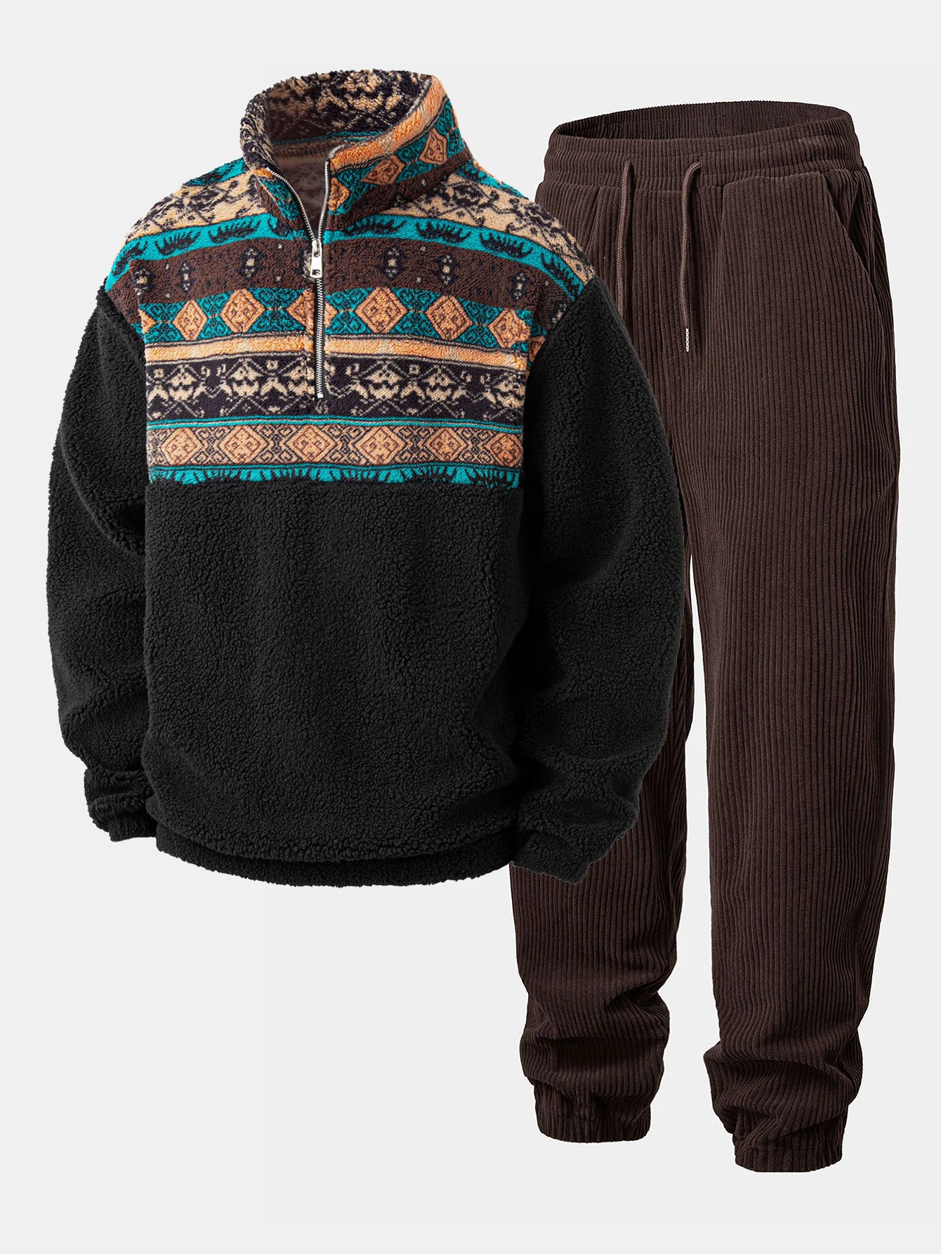 Relax Fit Quarter Zip Ethnic Geometric Patchwork Teddy Sweatshirt & Corduroy Jogger Pants - Image 2