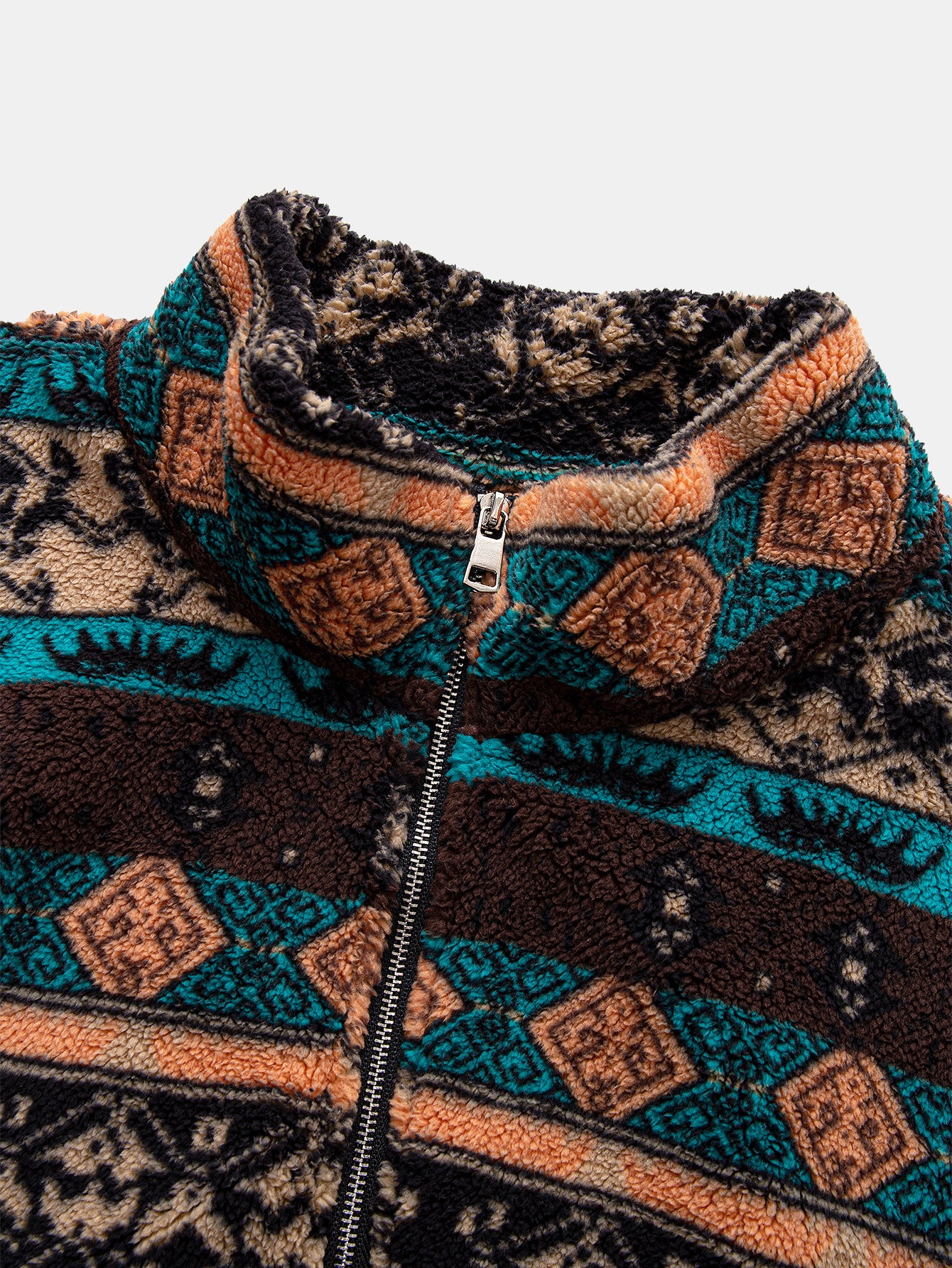 Relax Fit Quarter Zip Ethnic Geometric Patchwork Teddy Sweatshirt & Straight Leg Corduroy Pants - Image 12