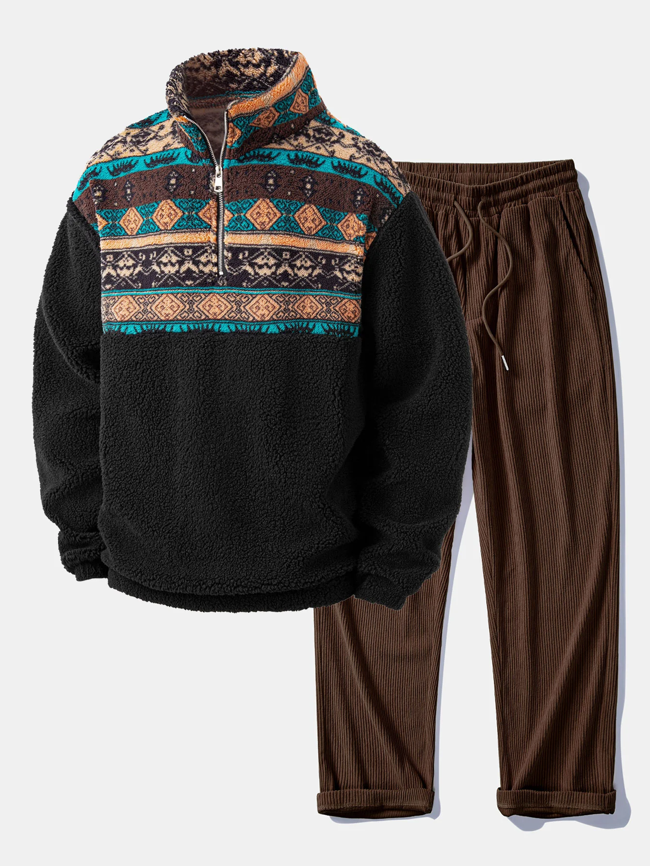 Relax Fit Quarter Zip Ethnic Geometric Patchwork Teddy Sweatshirt & Straight Leg Corduroy Pants - Image 2
