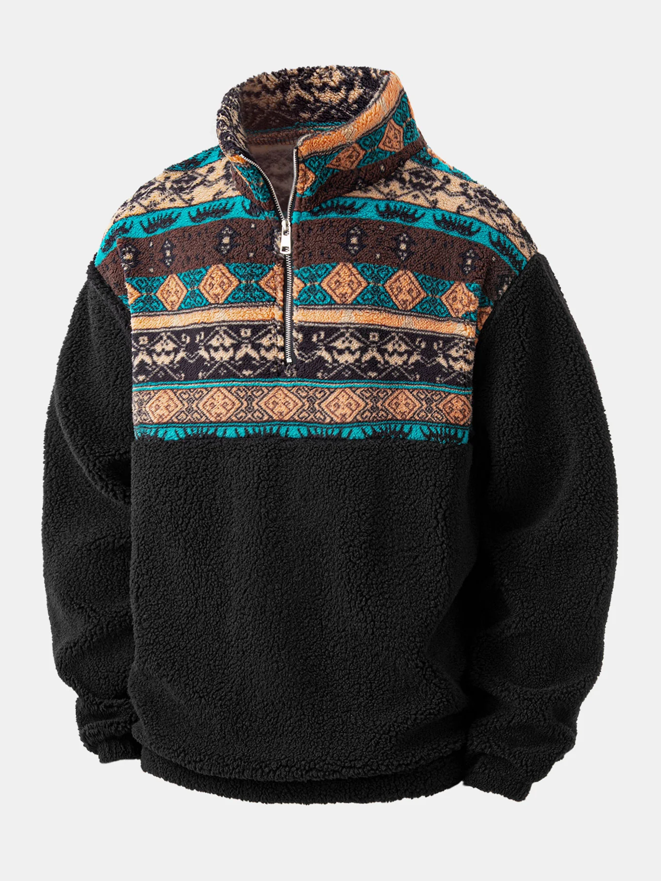 Relax Fit Quarter Zip Ethnic Geometric Patchwork Teddy Sweatshirt & Straight Leg Corduroy Pants - Image 3