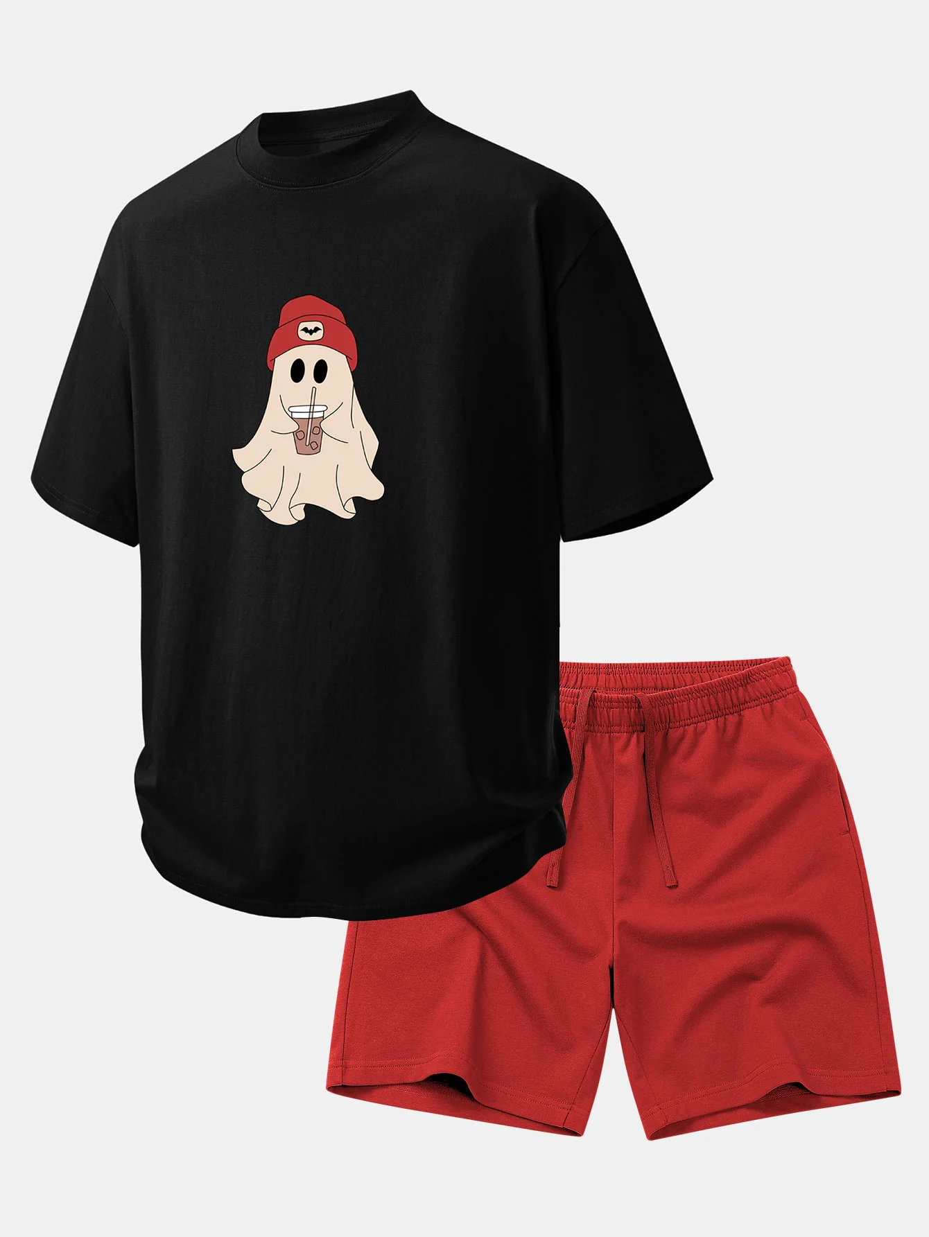 Relax Fit Red Hat Ghost Print Cotton T-Shirt & Cotton Drawstring 7" Shorts