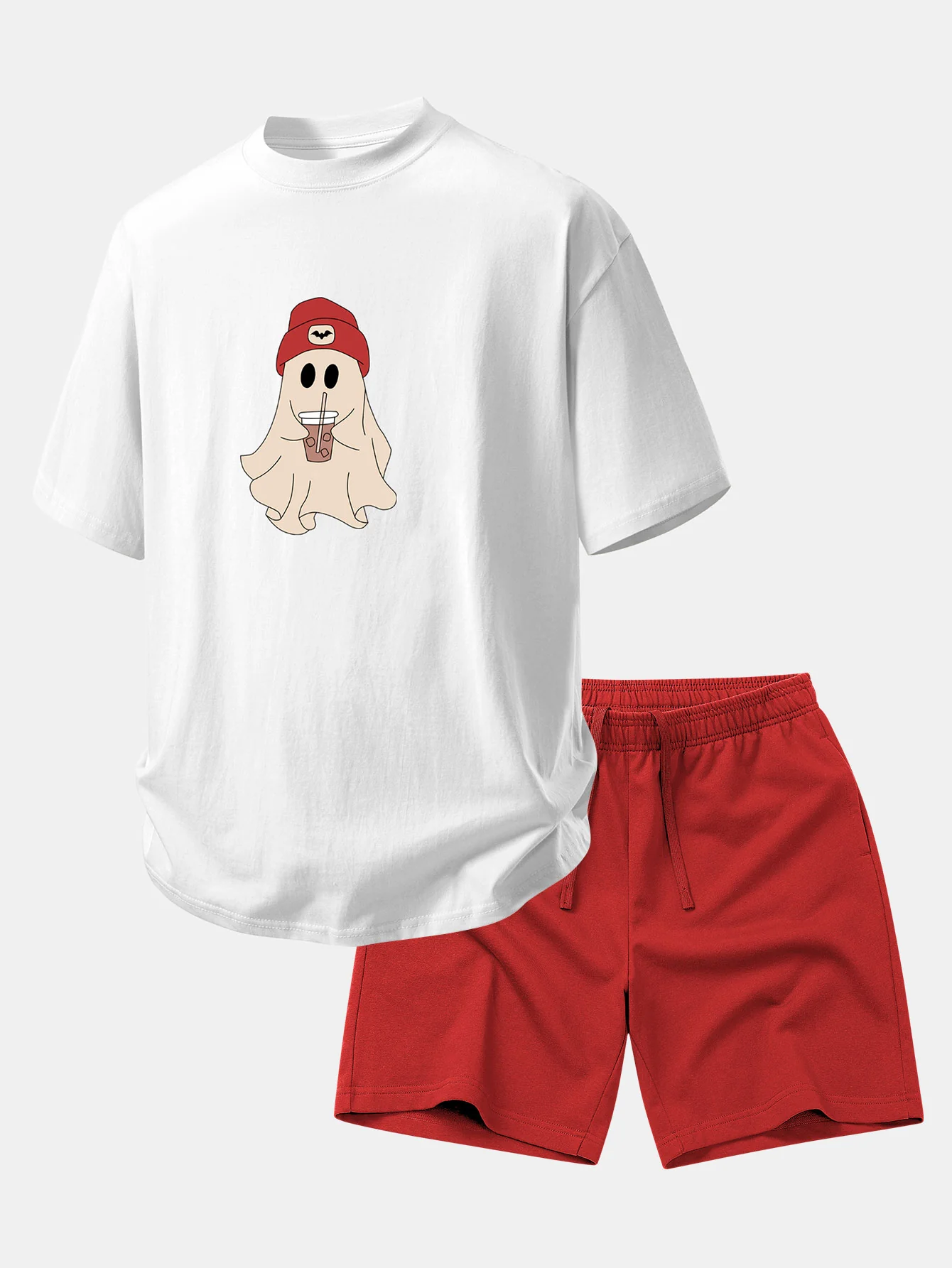 Relax Fit Red Hat Ghost Print Cotton T-Shirt & Cotton Drawstring 7" Shorts - Image 2
