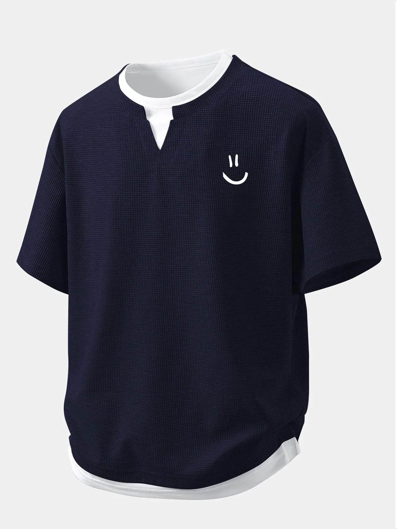 Relax Fit Smiley Face Print 2 In 1 Notched Collar Waffle T-Shirt - Image 5