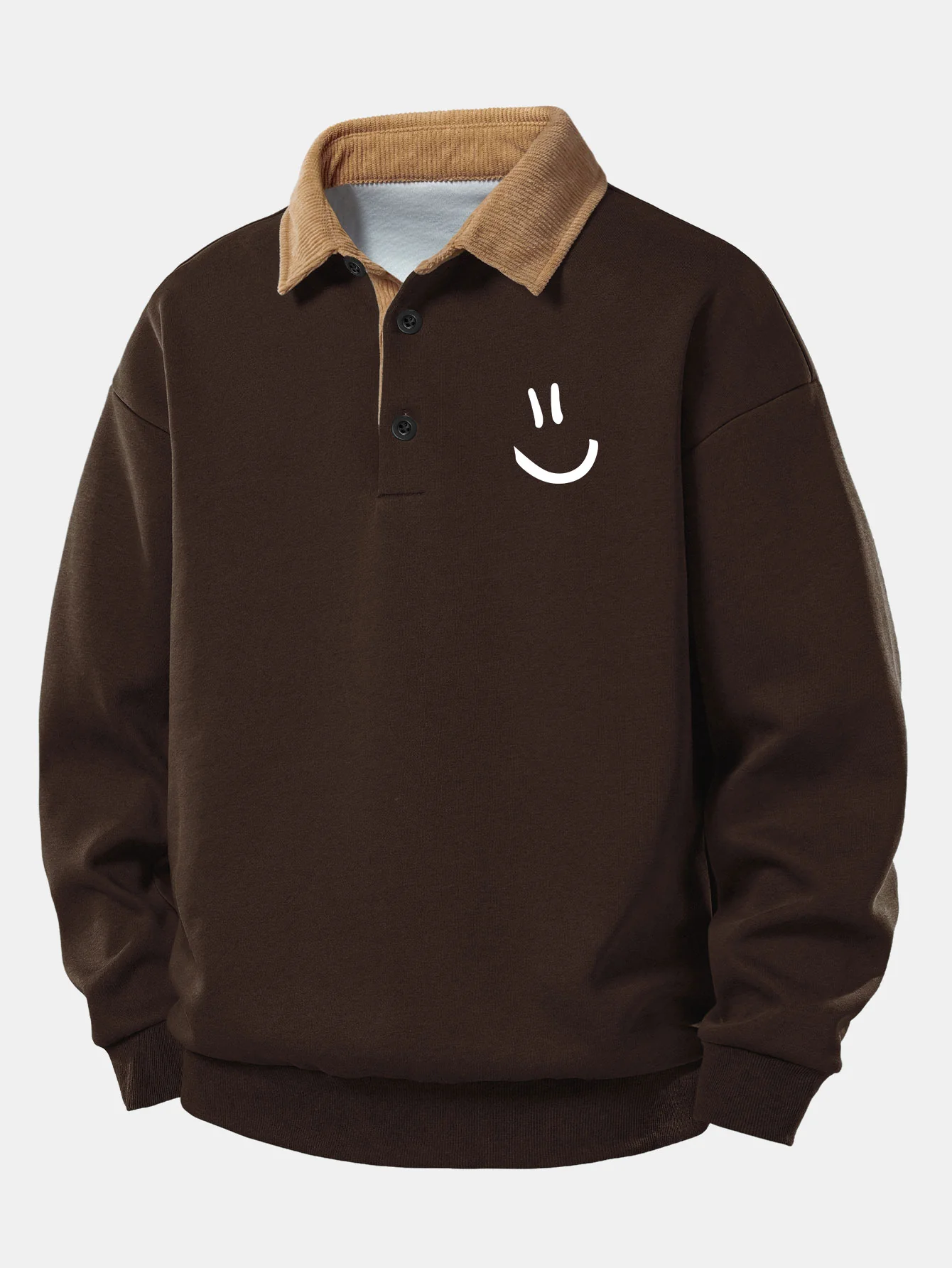 Relax Fit Smiley Face Print Contrast Corduroy Polo Collar Sweatshirt - Image 3