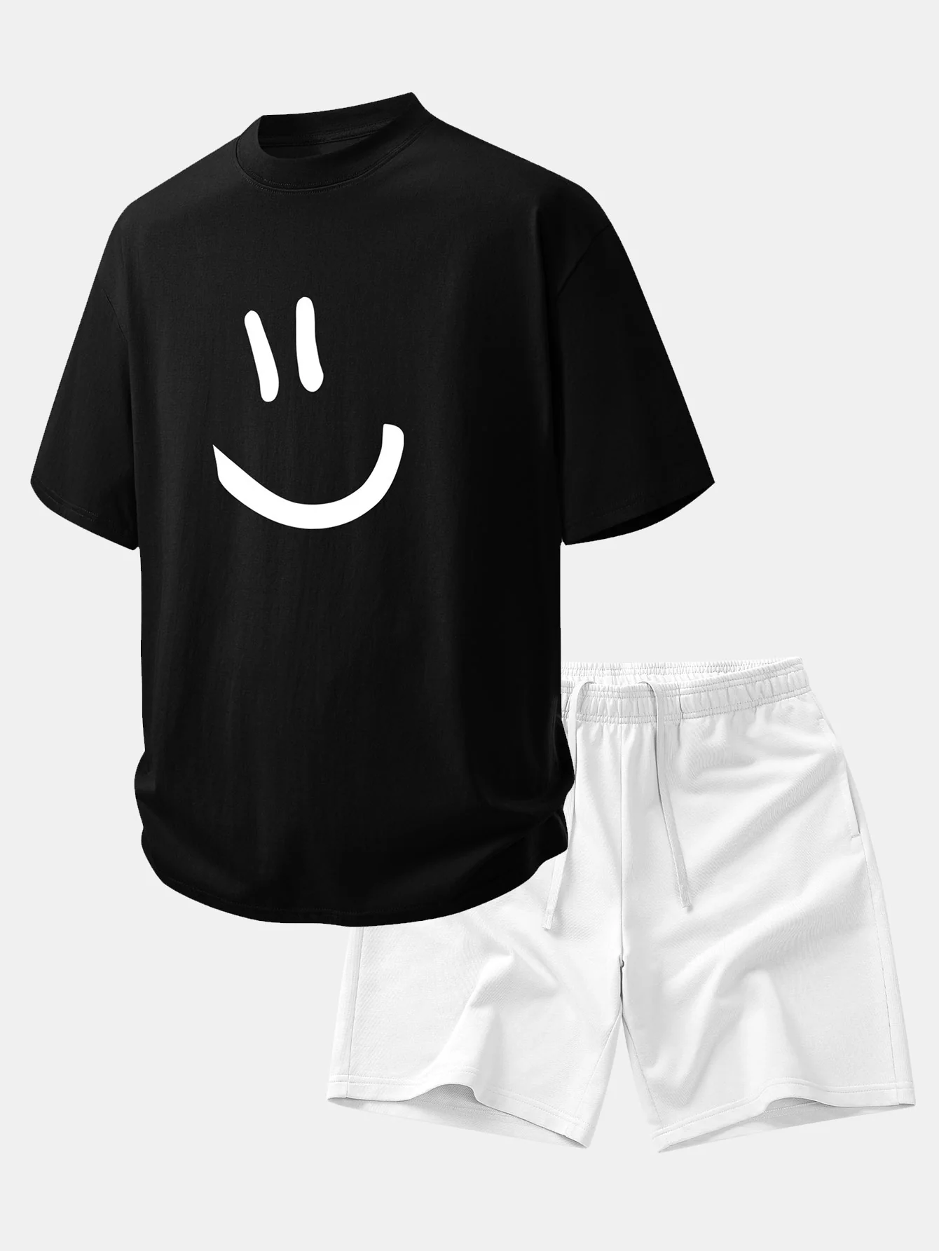 Relax Fit Smiley Face Print Cotton T-Shirt & Cotton Drawstring 7" Shorts - Image 2