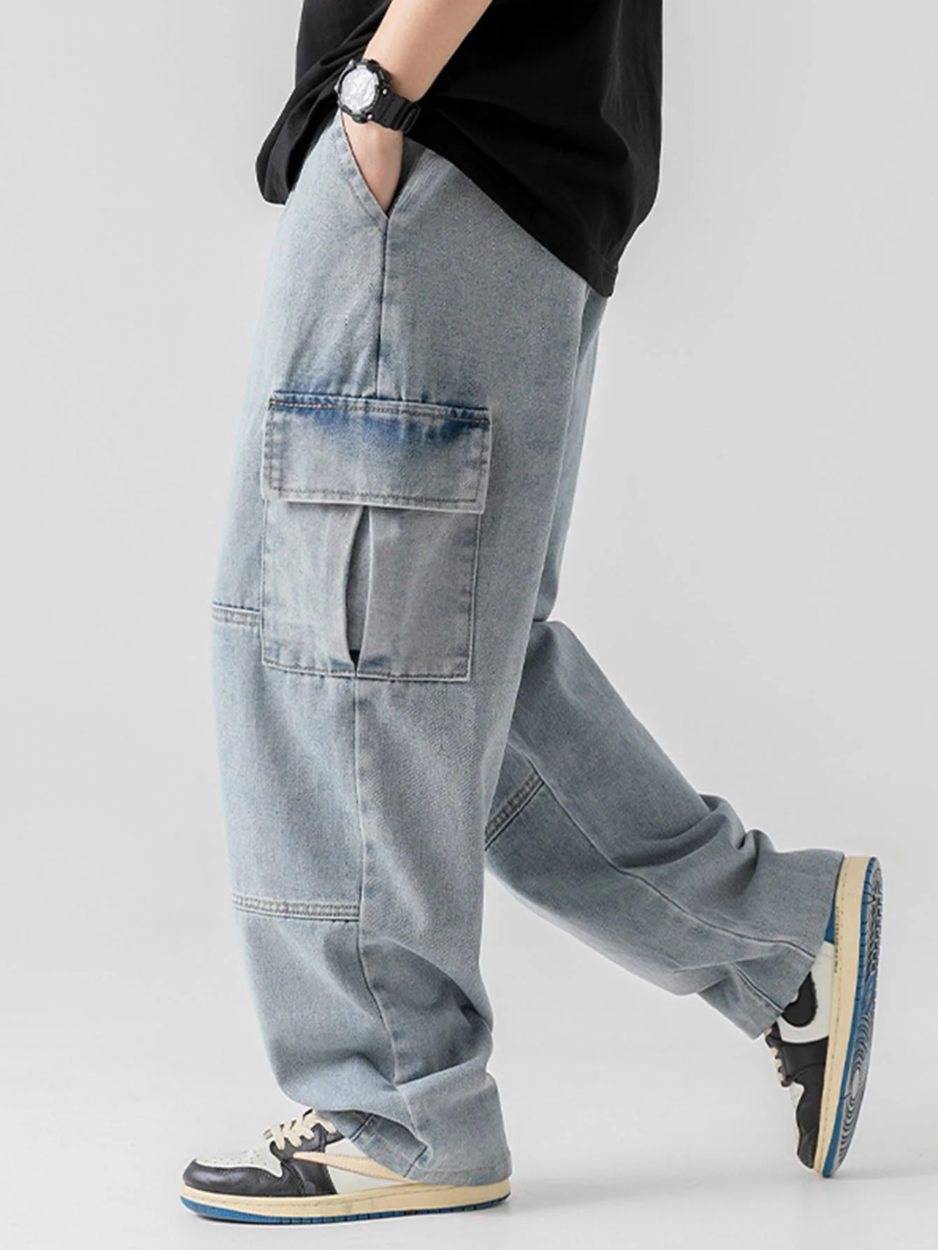 Elastischer Bund Relaxed Fit Gerade Bein Cargo Jeans - Image 3
