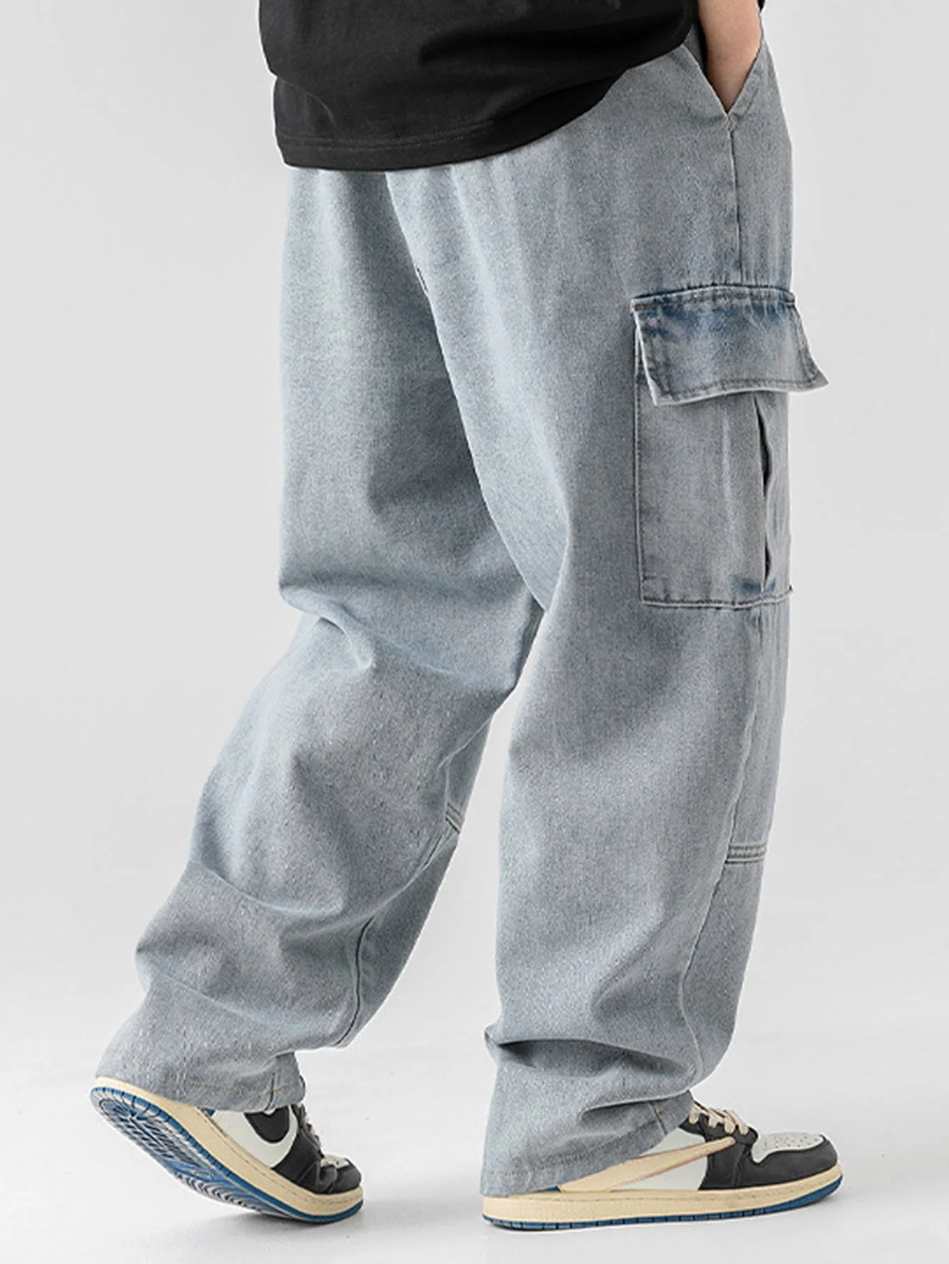 Elastischer Bund Relaxed Fit Gerade Bein Cargo Jeans - Image 4