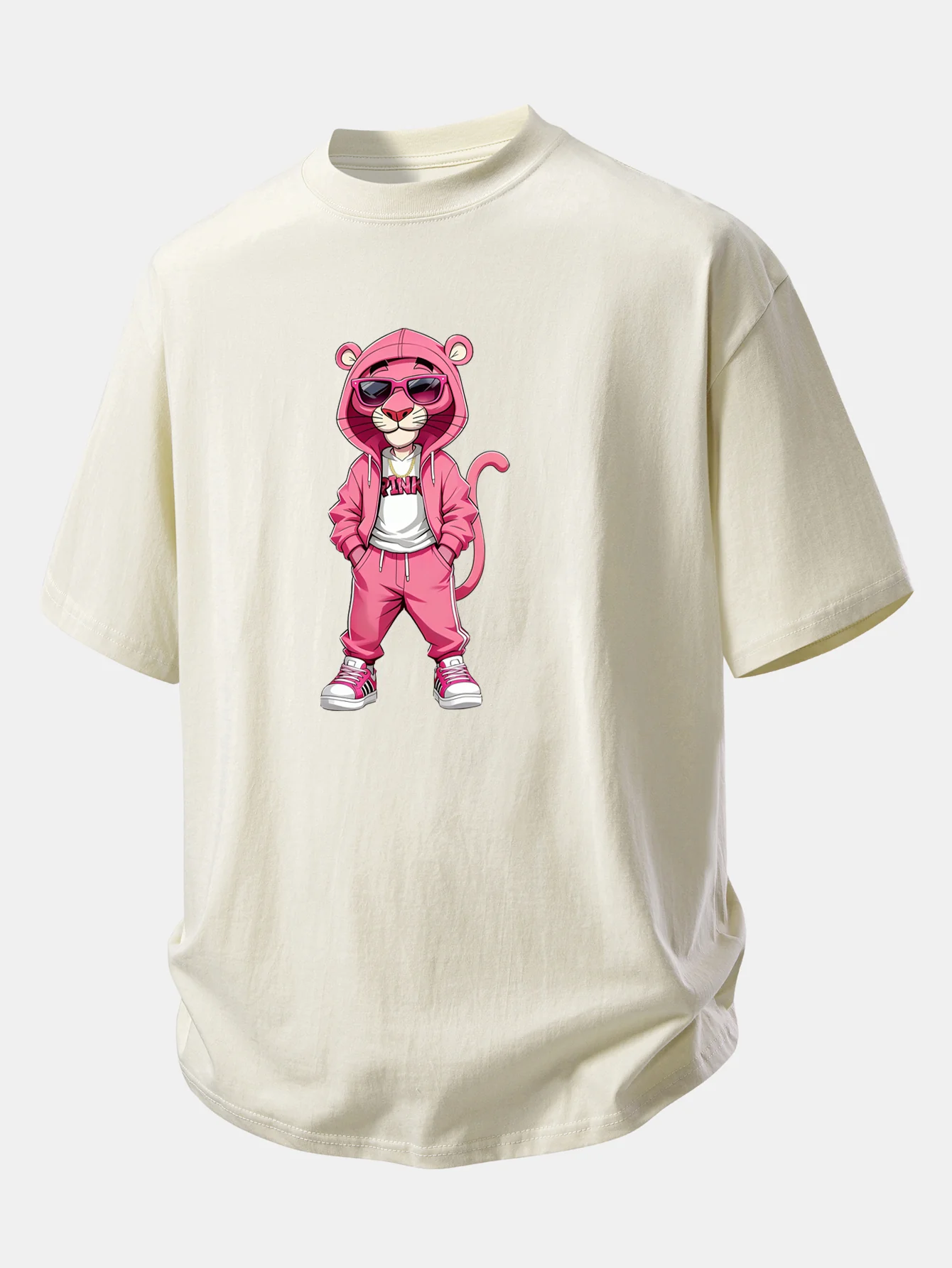 Relax Fit Street Fashion Pink Panther Print Cotton T-Shirt - Image 12