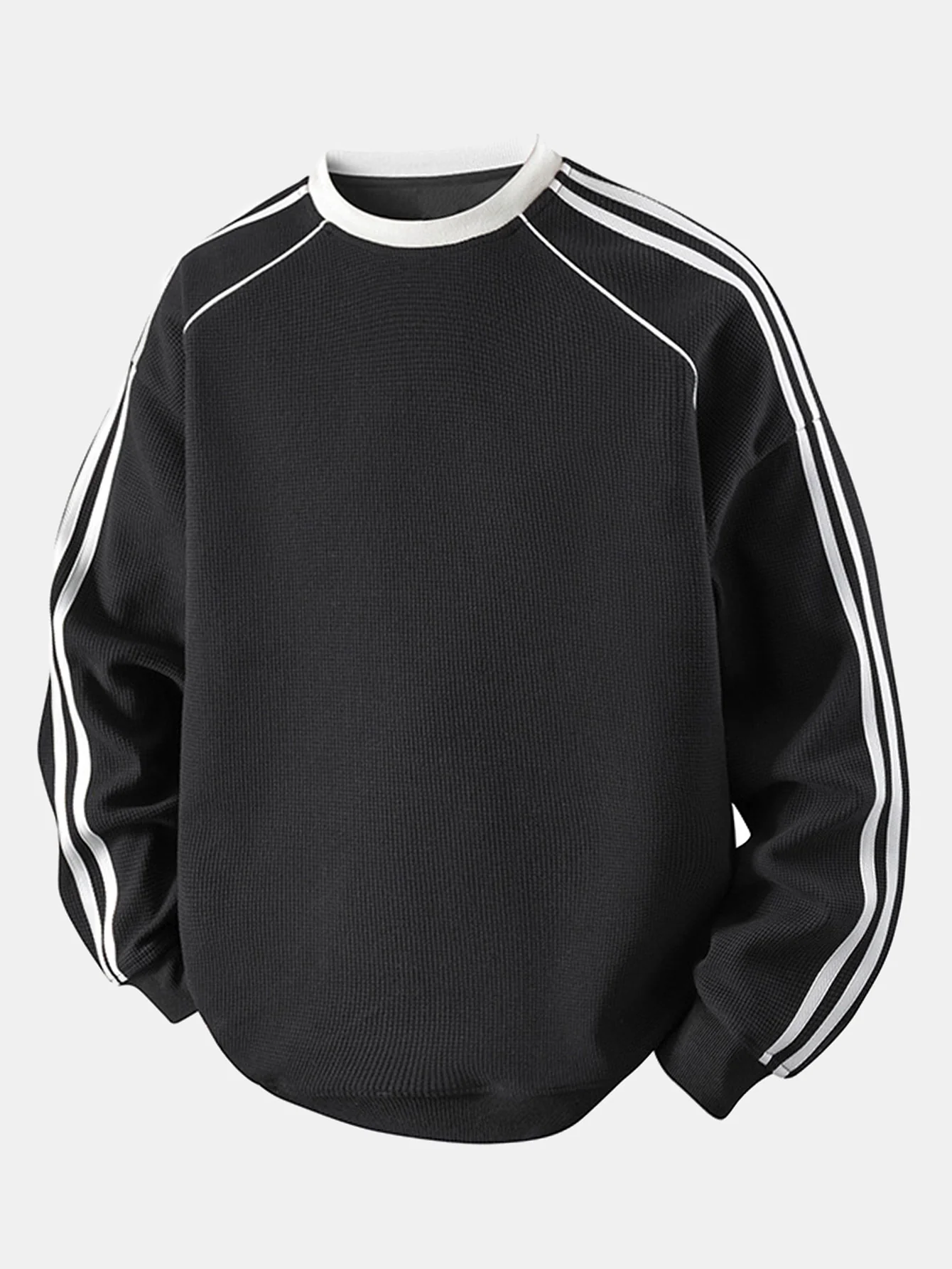Locker sitzendes gestreiftes Waffel-Sweatshirt mit Rundhalsausschnitt
