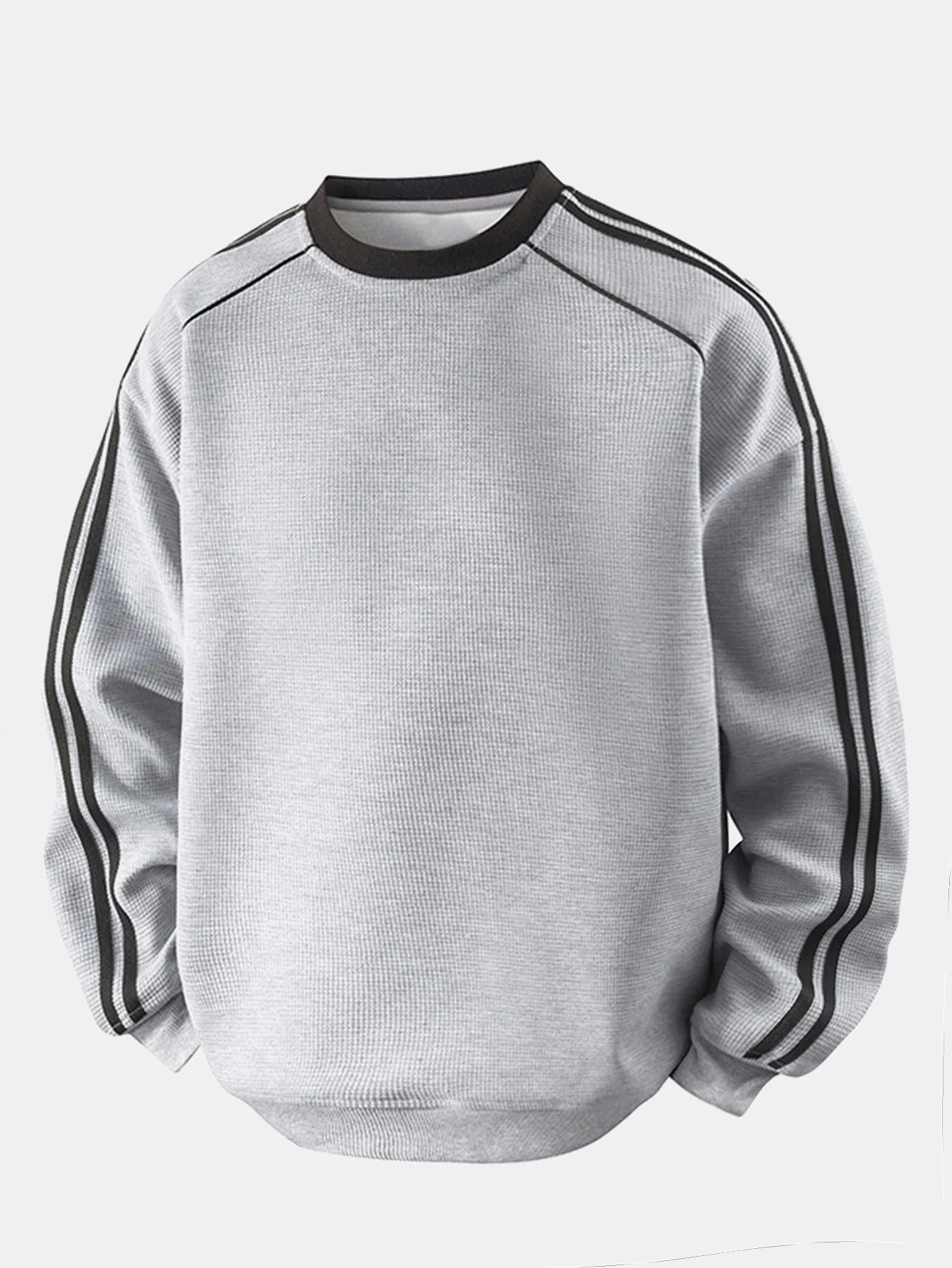 Locker sitzendes gestreiftes Waffel-Sweatshirt mit Rundhalsausschnitt - Image 3