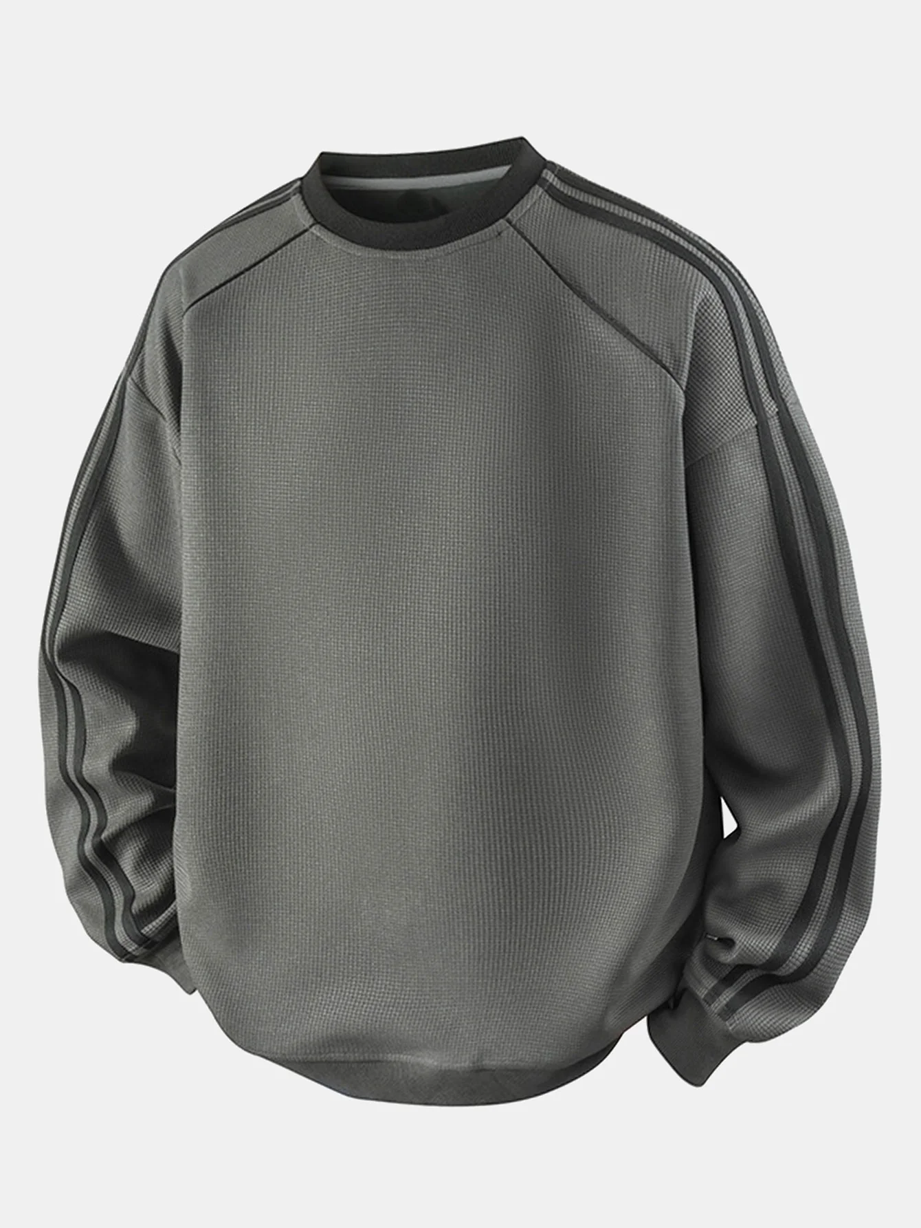 Locker sitzendes gestreiftes Waffel-Sweatshirt mit Rundhalsausschnitt - Image 5