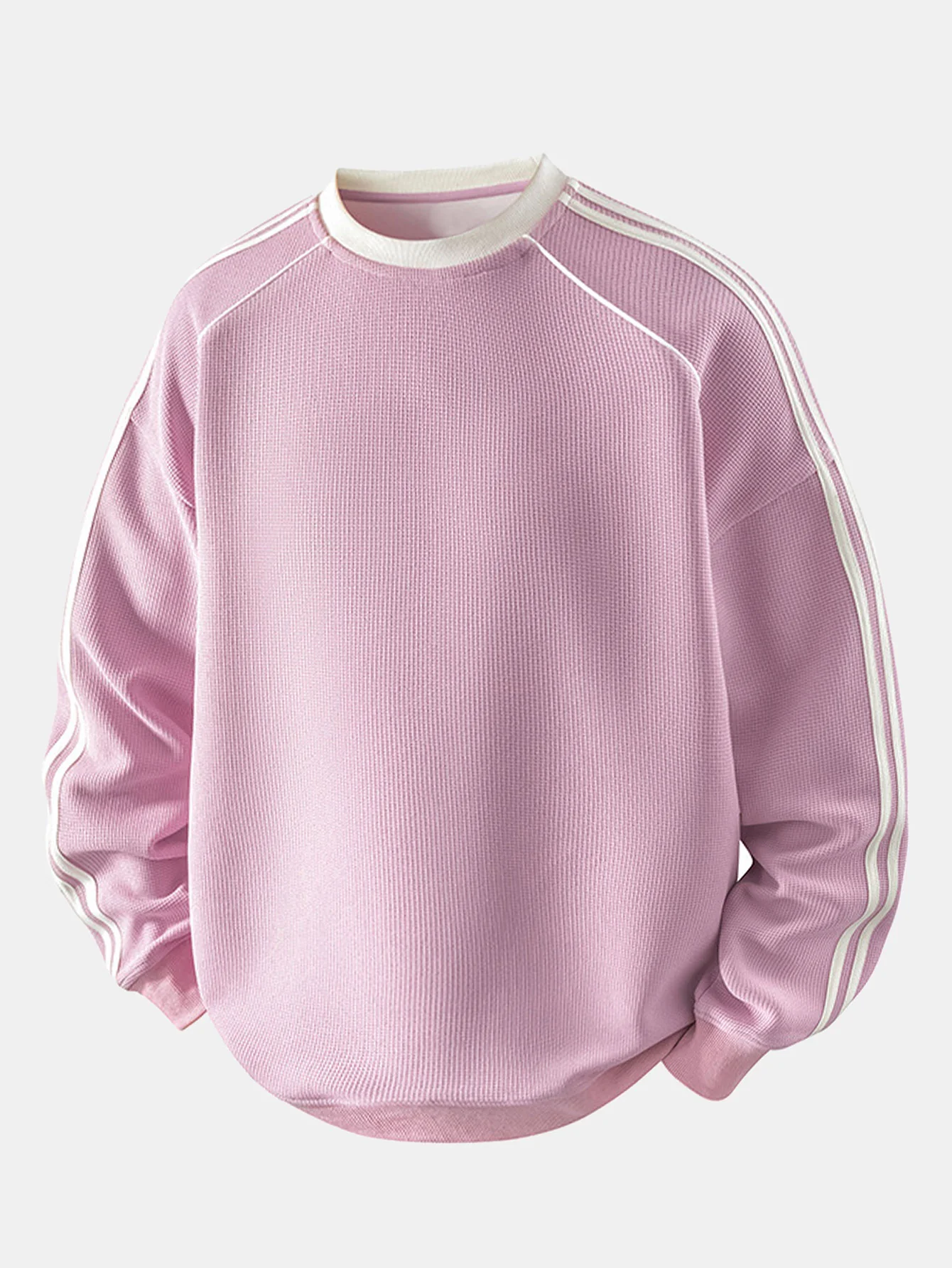 Locker sitzendes gestreiftes Waffel-Sweatshirt mit Rundhalsausschnitt - Image 7