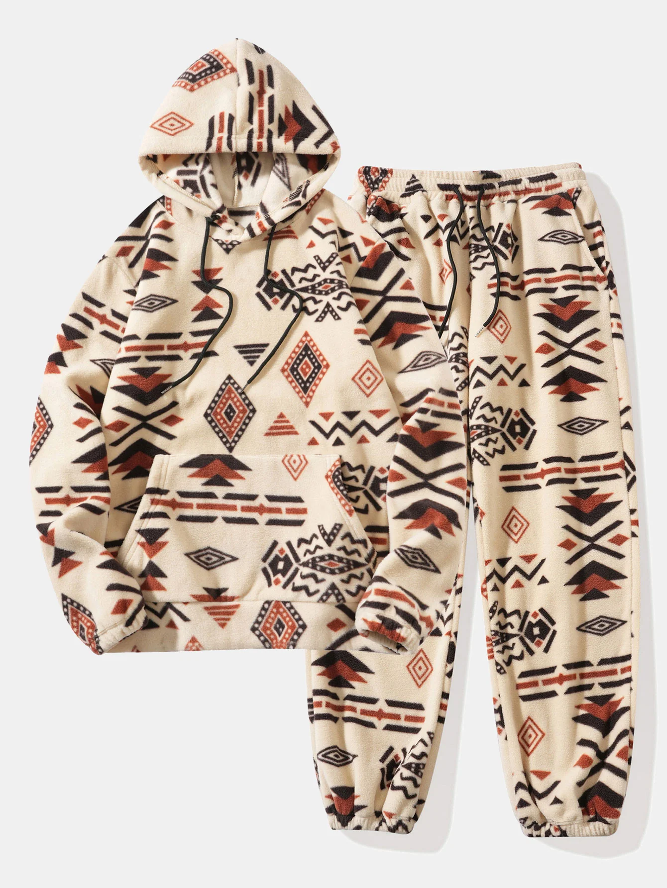 Relax Fit Tribal Geometry Teddy Hoodie & Jogger Pants