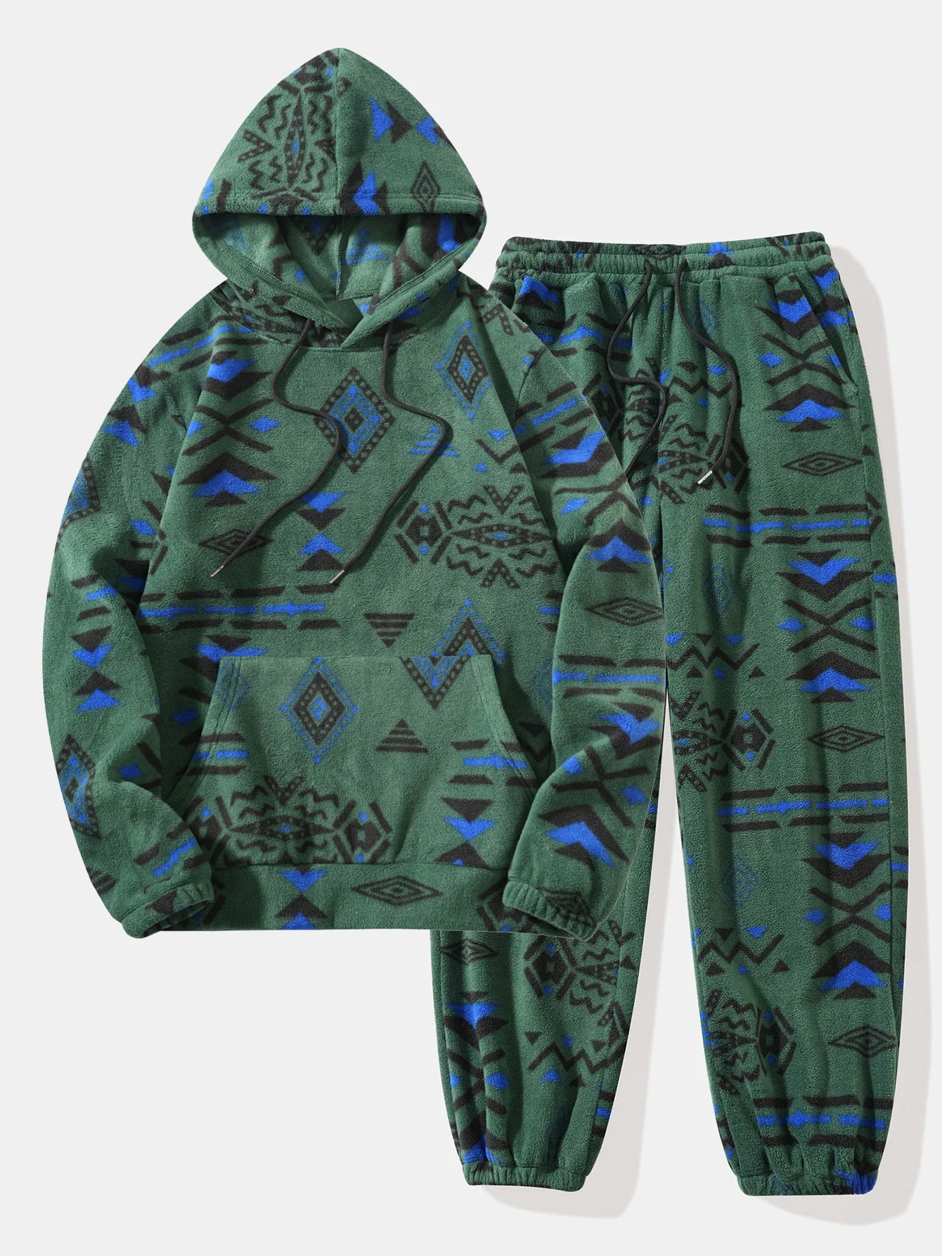 Relax Fit Tribal Geometry Teddy Hoodie & Jogger Pants - Image 2