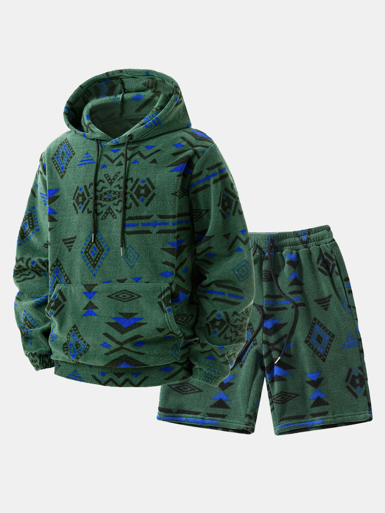 Relax Fit Tribal Geometry Teddy Hoodie & Shorts - Image 2