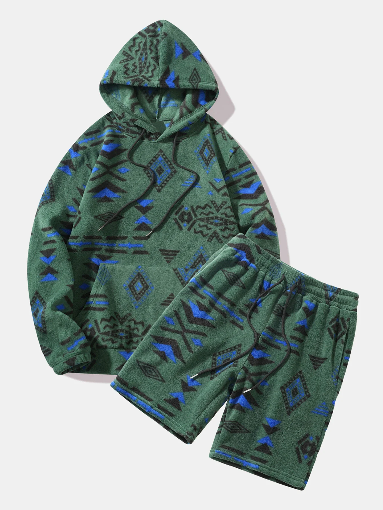 Relax Fit Tribal Geometry Teddy Hoodie & Shorts - Image 2
